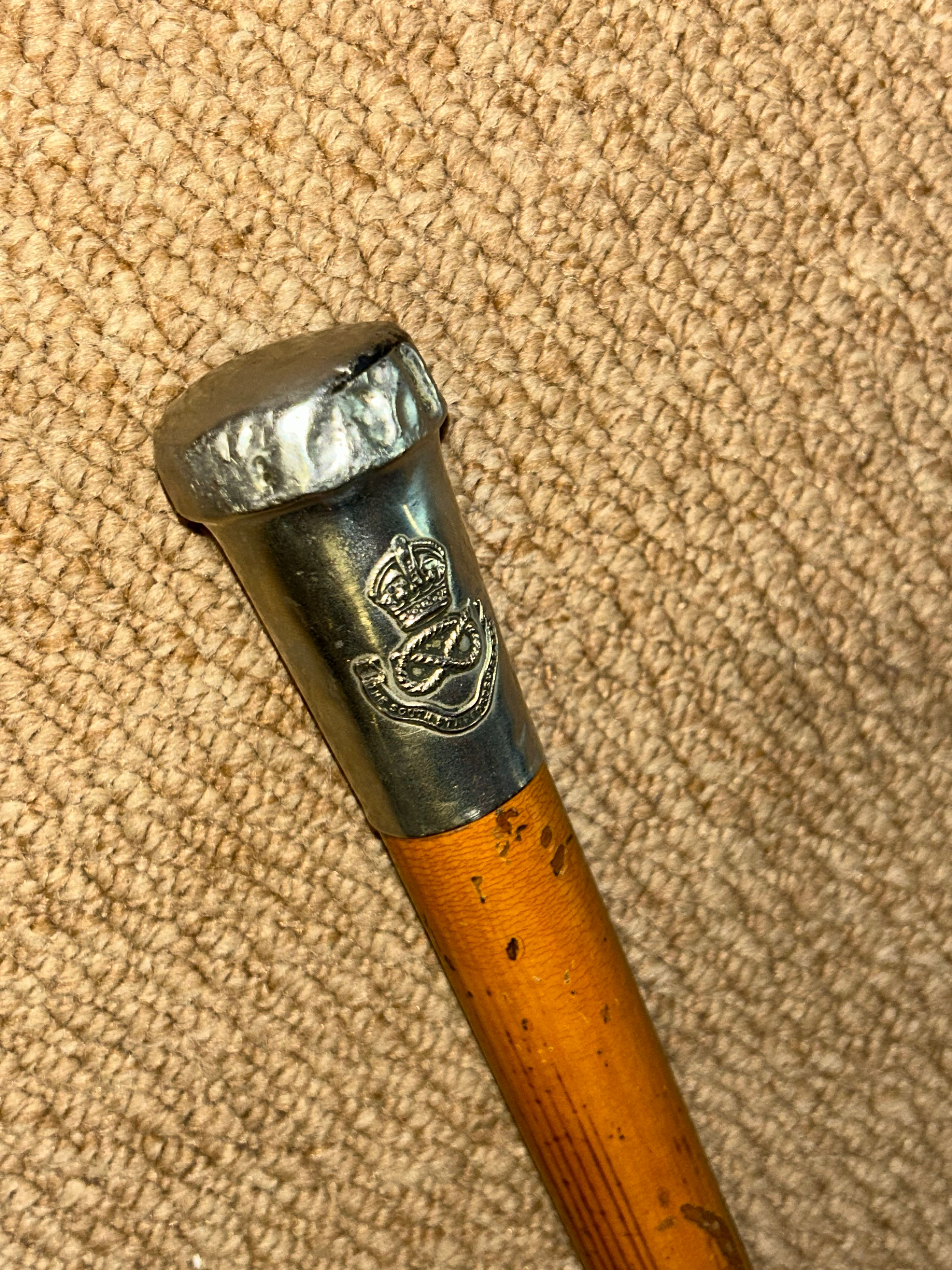 WW1 Military Walking Stick / Drill Cane South Staffordshire Regiment Nickel Top