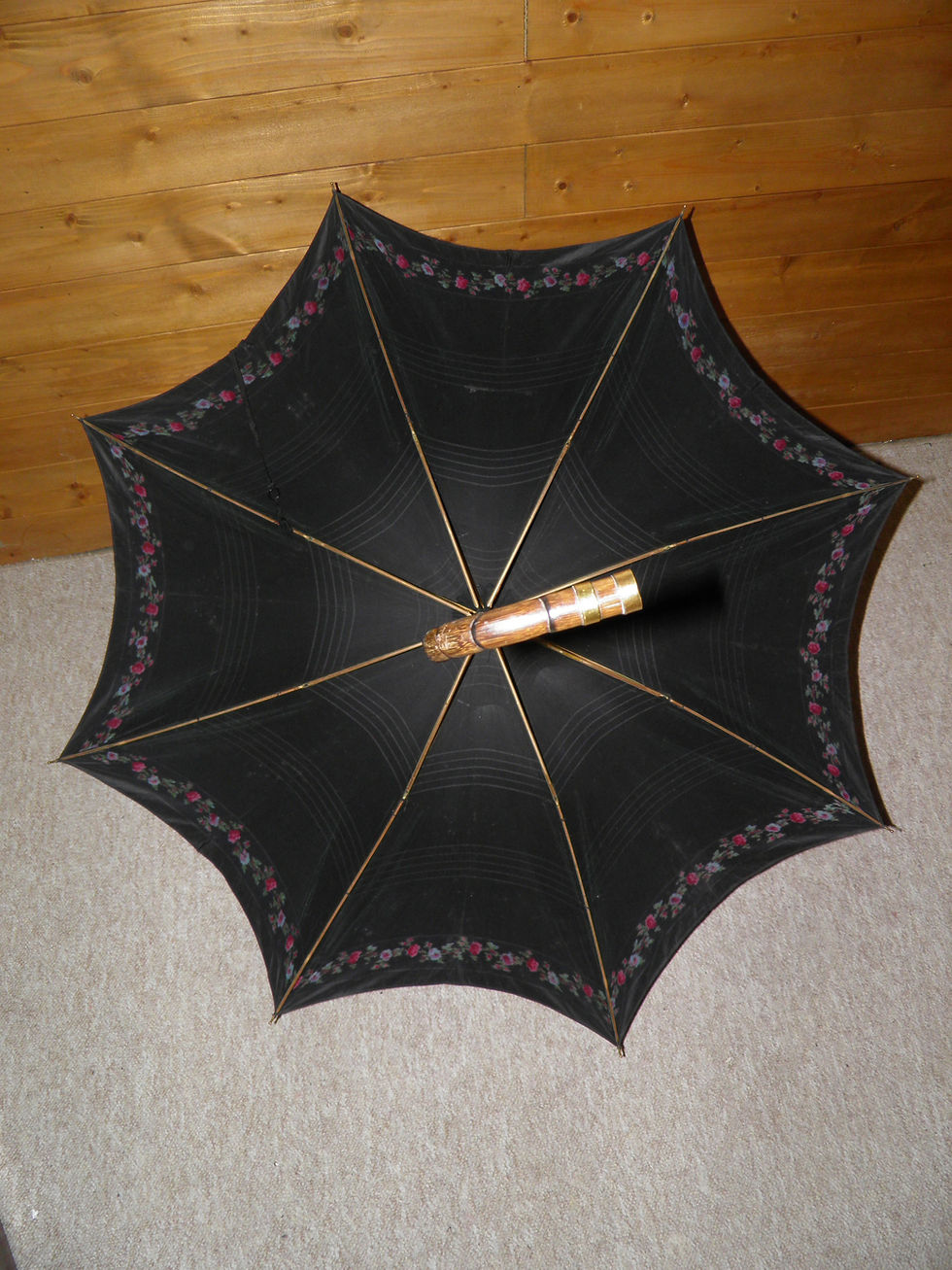 Thumbnail: Antique Ladies Floral Black Canopy Umbrella W/Partridge Wood & Gold Plate Handle