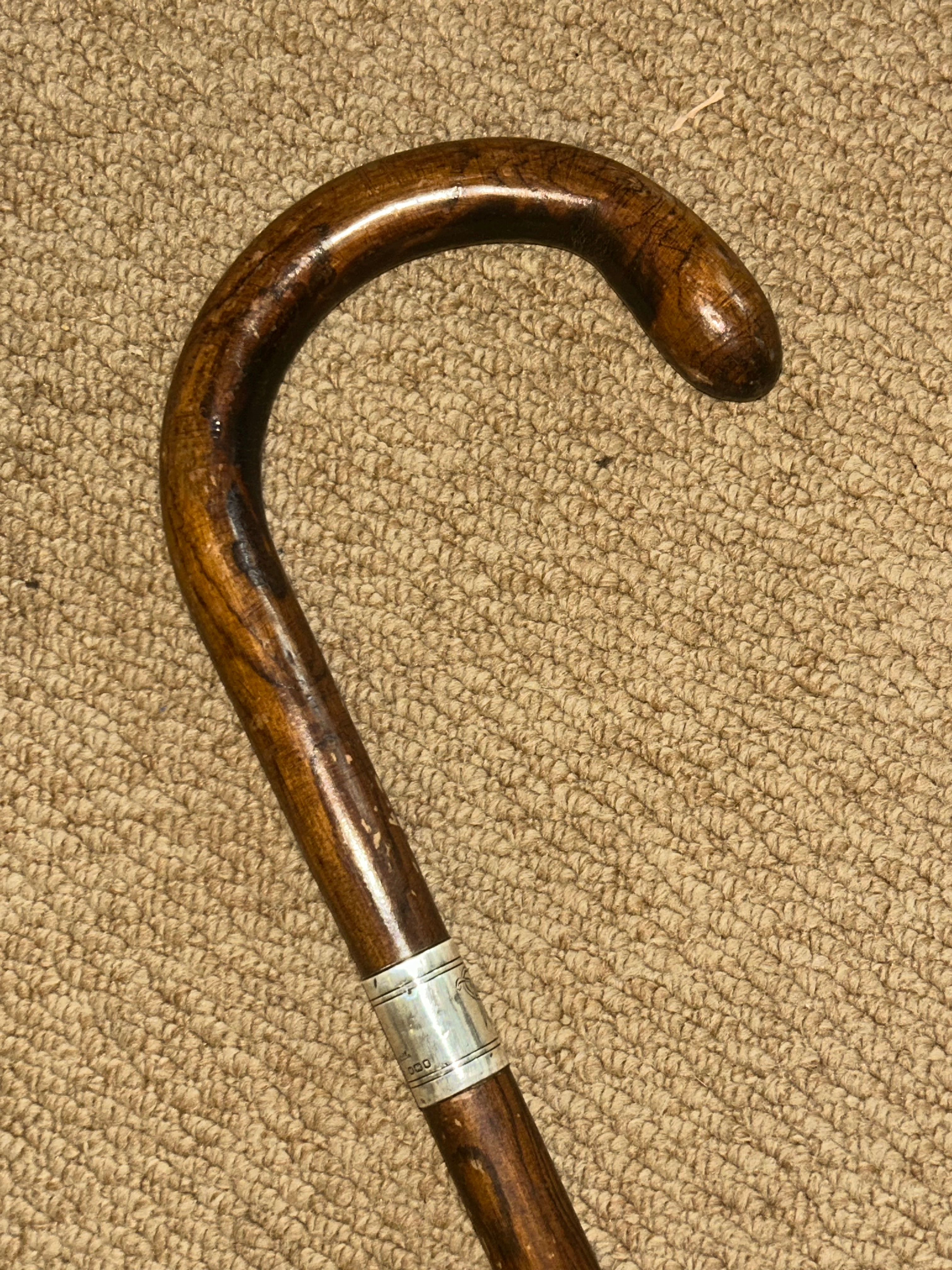 Vintage Kendall Walking Stick Cane Crook Handle & Hallmarked 1947 Silver Collar