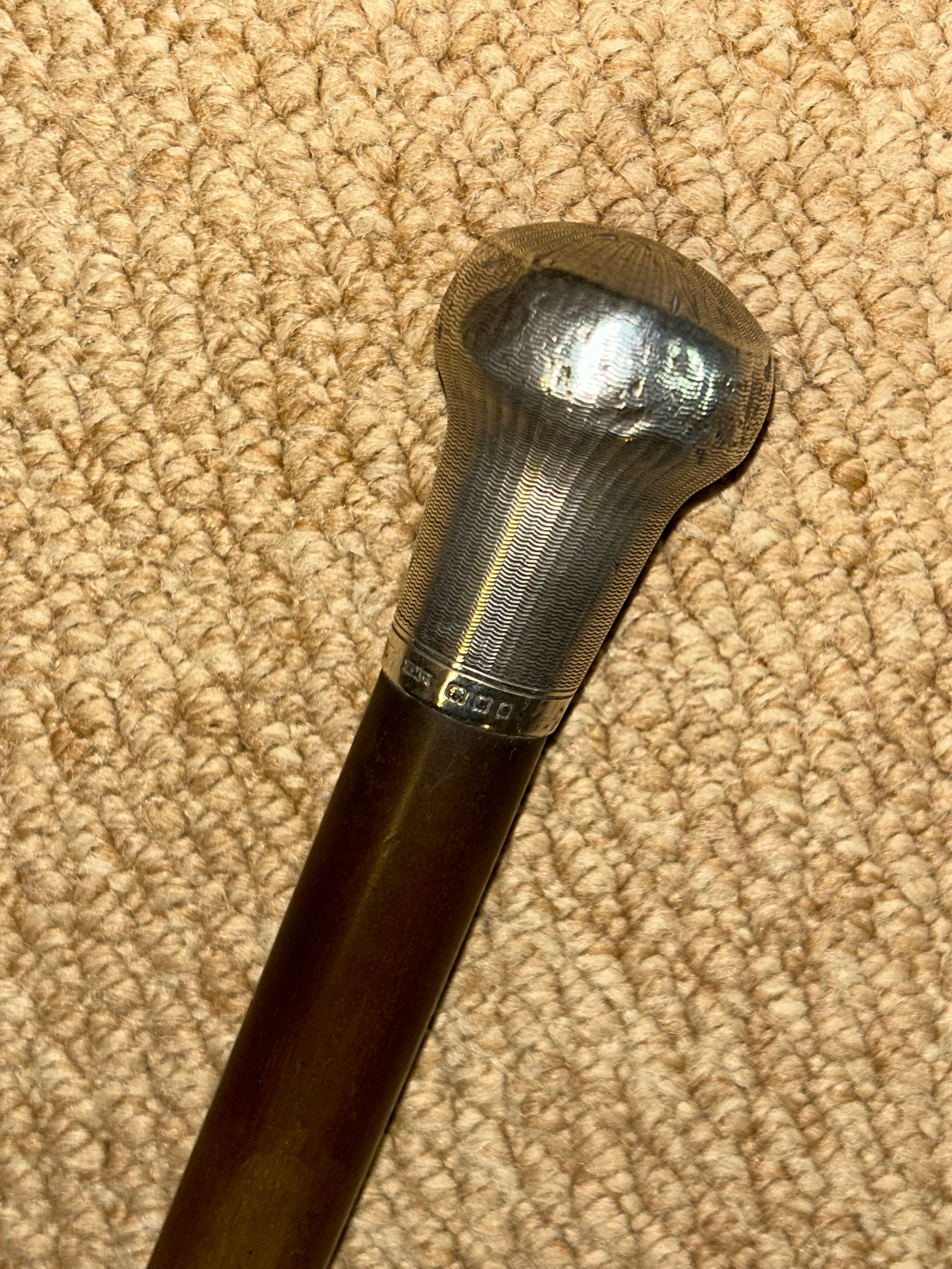 Antique Bakelite Walking Stick Cane Hallmarked 1922 Silver Machine Patterned Top