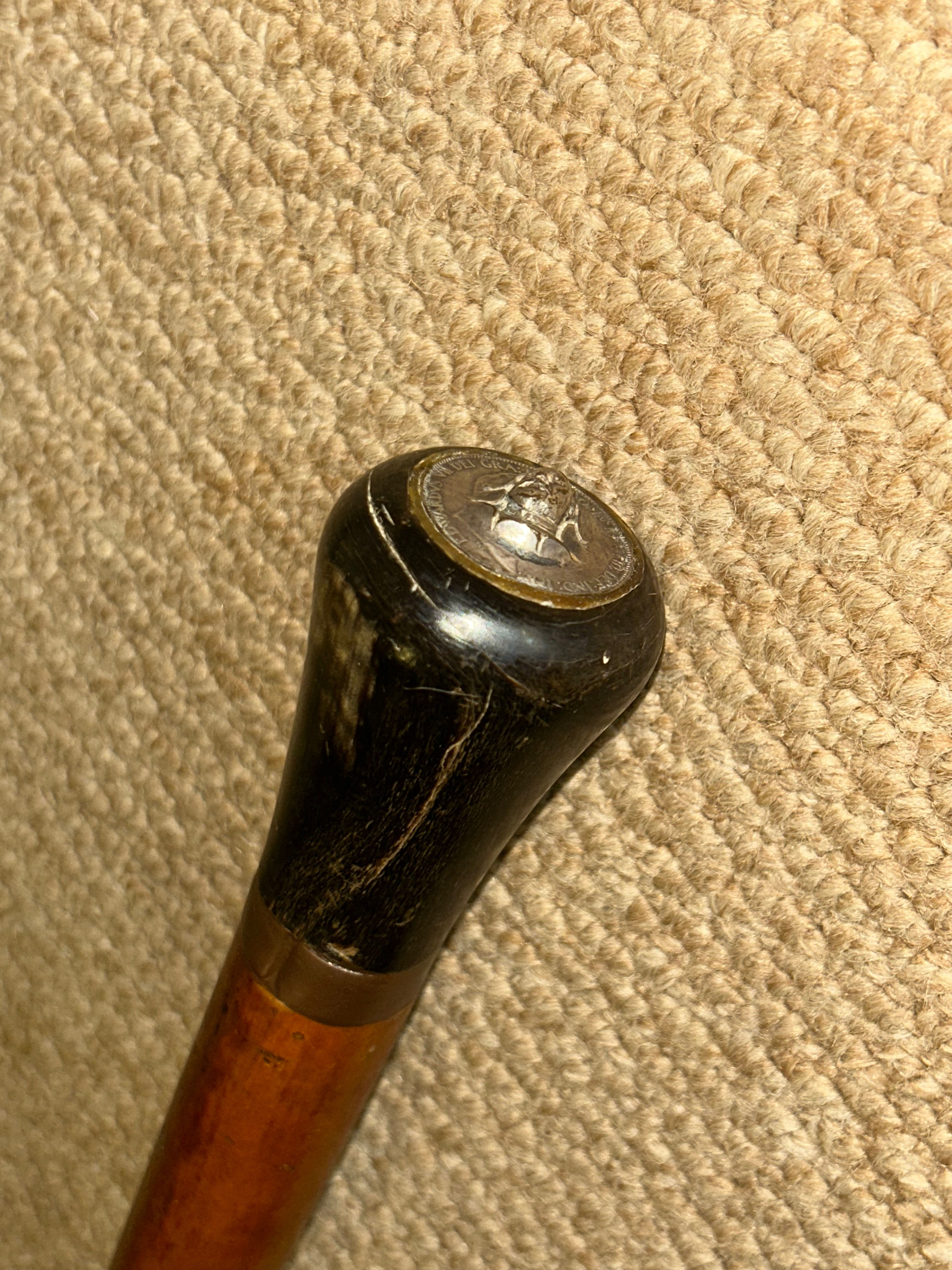 Antique Edward vs VII Coin Walking Stick - Bovine Horn Top