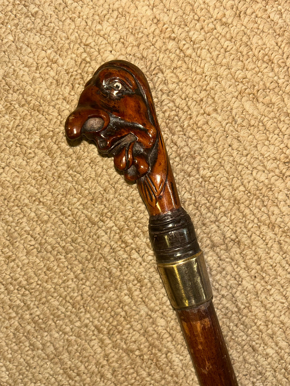 Thumbnail: Antique Rustic Walking Stick Cane Grotesque Hand-Carved Head & Gold Plate Collar