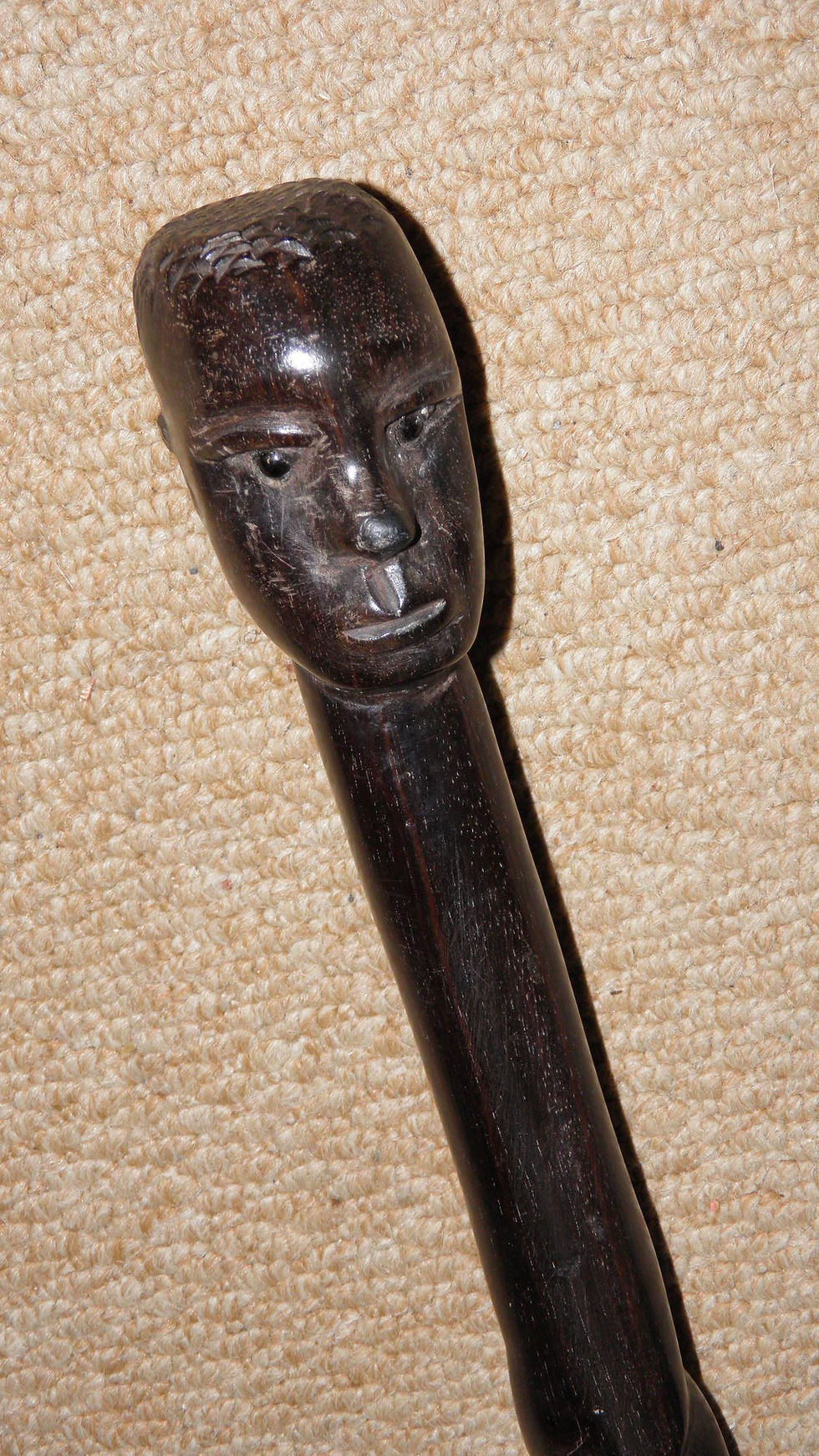 Thumbnail: Antique Ebony African Tribal Walking Stick - Hand-Carved African Man Glass Eyes