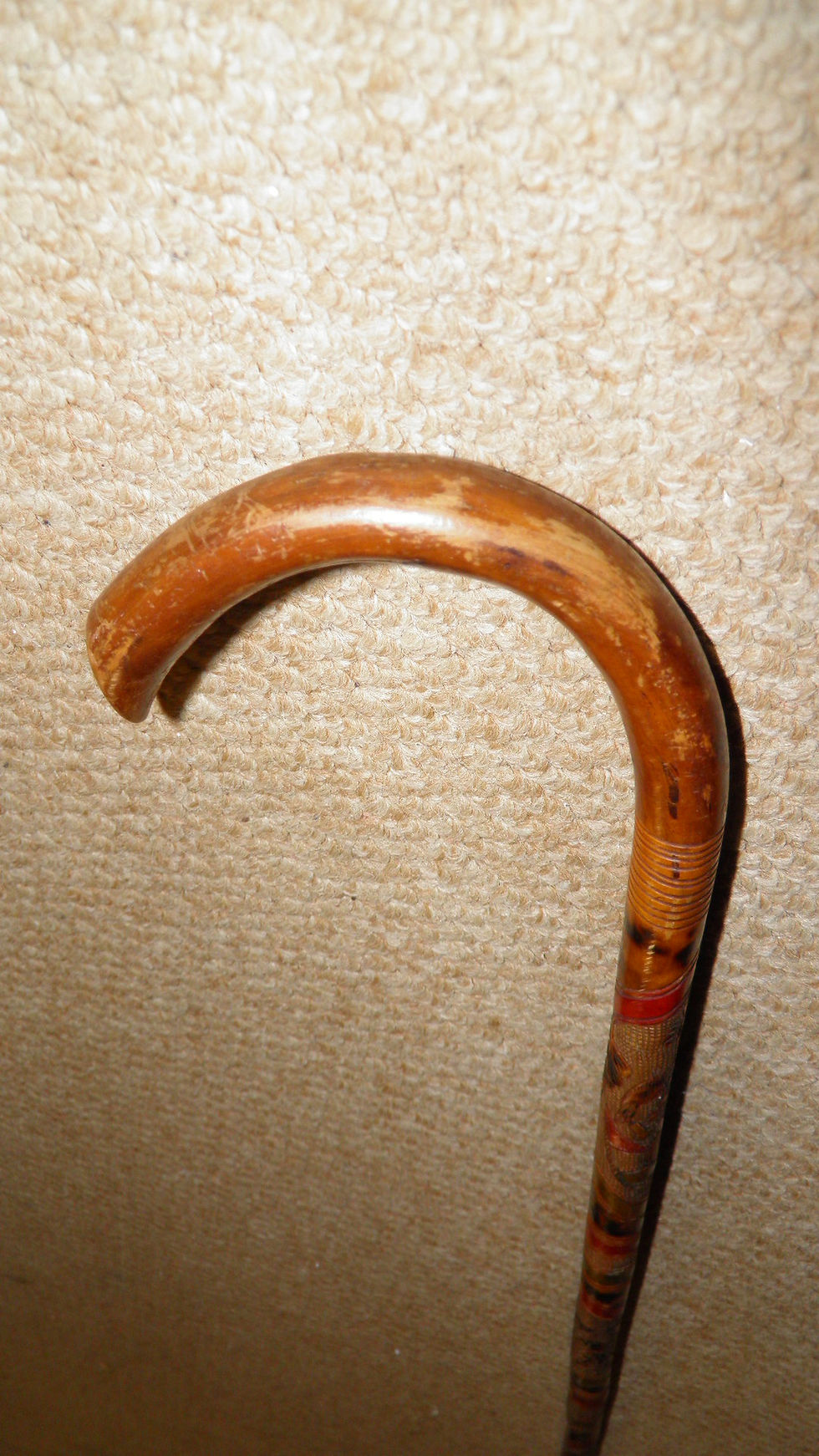 Thumbnail: Qing Dynasty Chinese Walking Stick - Hand-Sculpted & Painted Scorched Bamboo