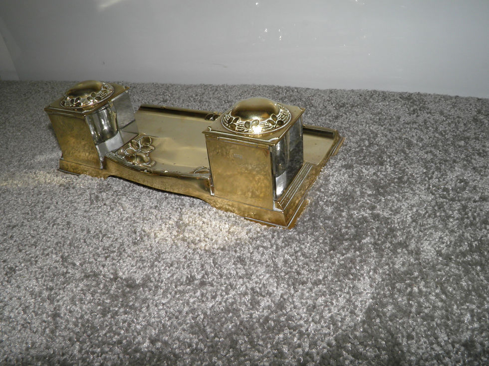 Thumbnail: Antique German Brass Floral Desk Inkwell Holder With 2 Glass Inkwells 'D.R.G.M'