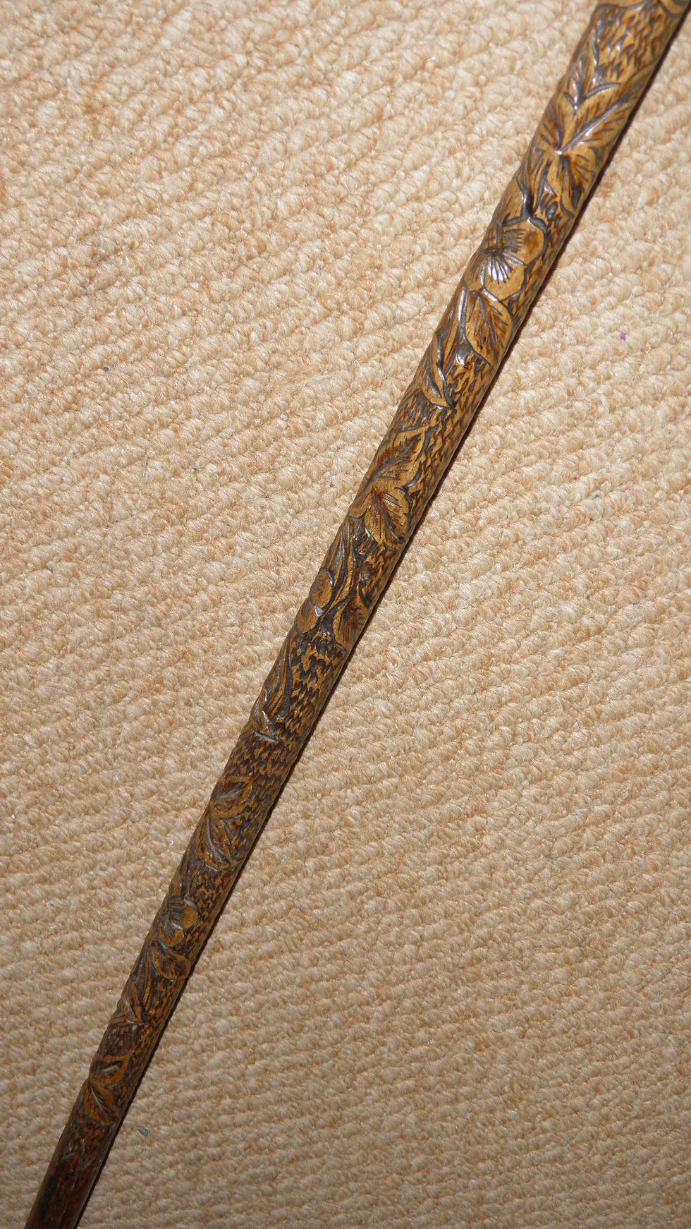 Thumbnail: Antique Hand-Sculpted Floral Walking Stick / Cane - Hallmarked 1919 Silver Crown