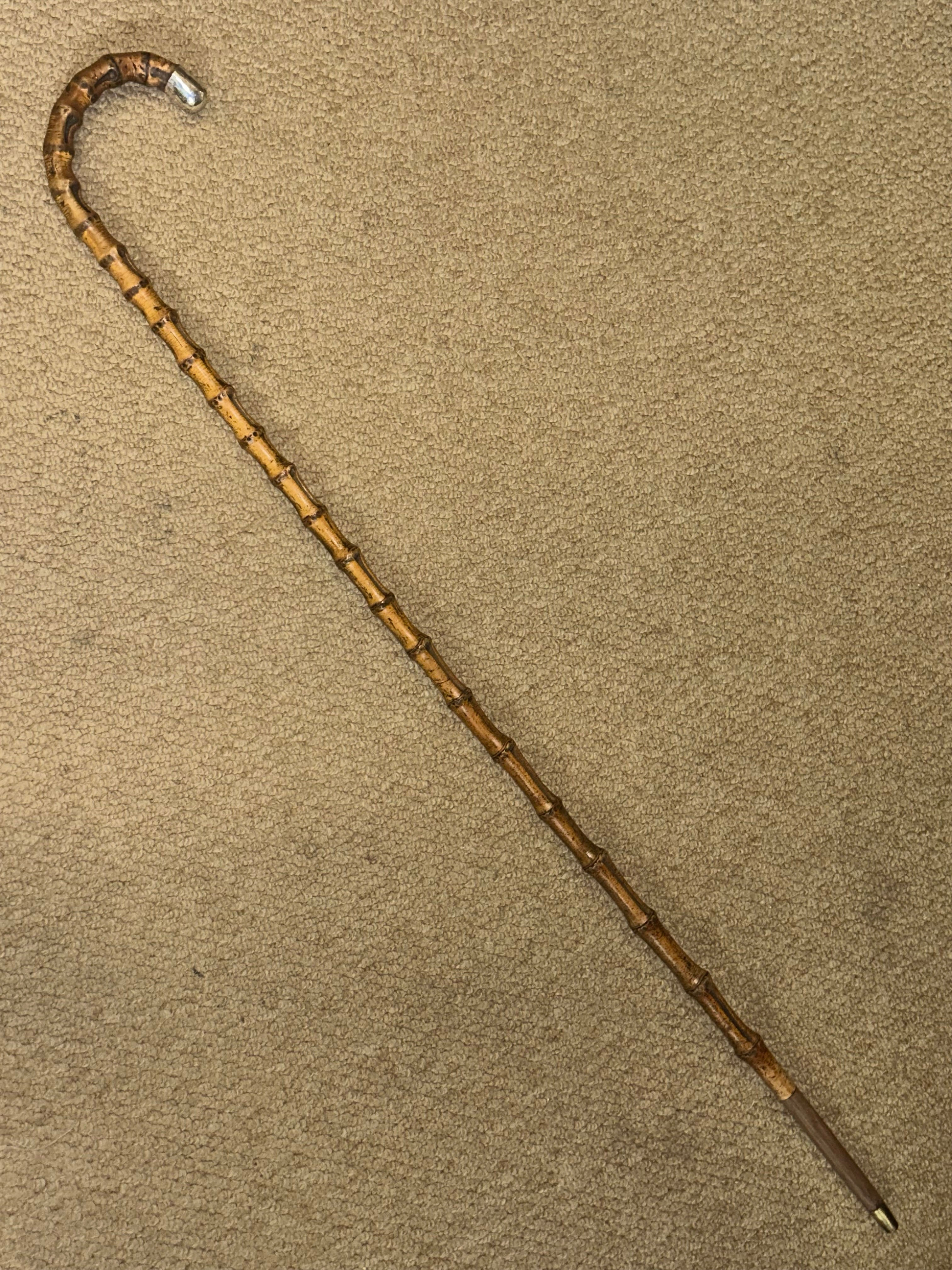 Antique Flexible Whangee Bamboo Charlie Chaplin Cane Hallmarked 1919 Silver End