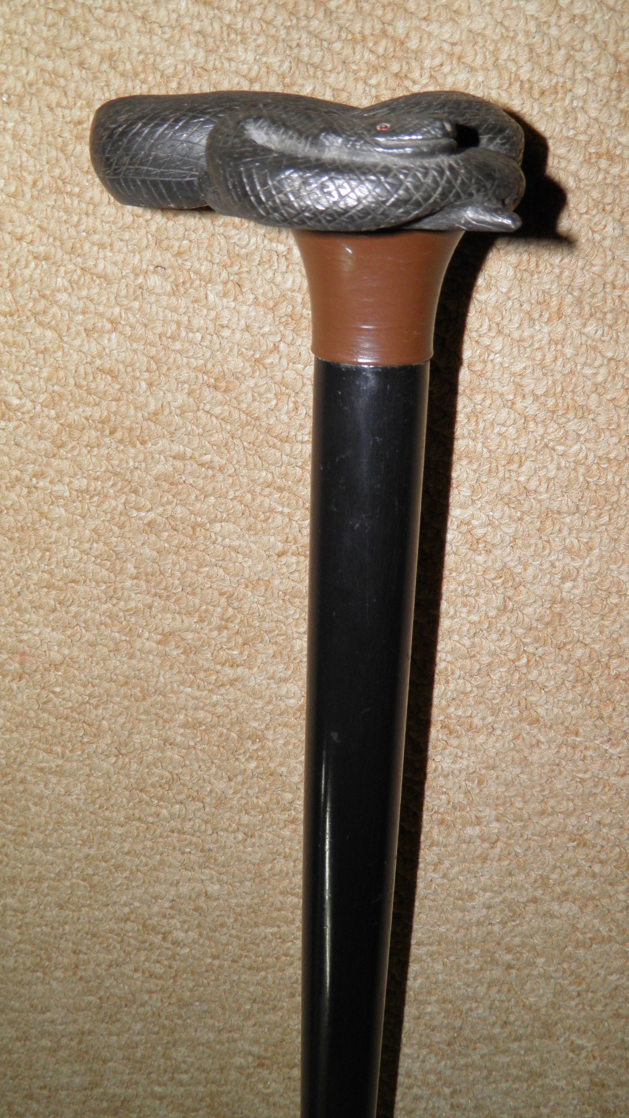 Antique Ebonized Walking Stick / Cane Stone Coiled Snake Handle With Glass Eyes