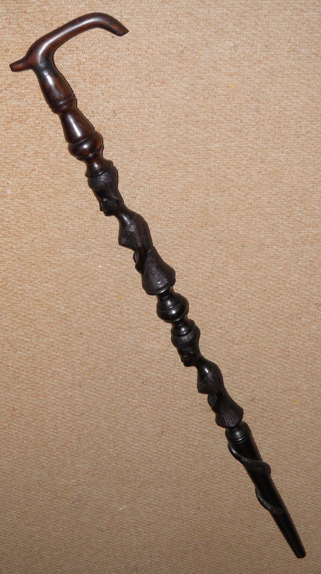 Antique Ebony African Tribal Walking Stick Hand-Carved African Ladies & Snake