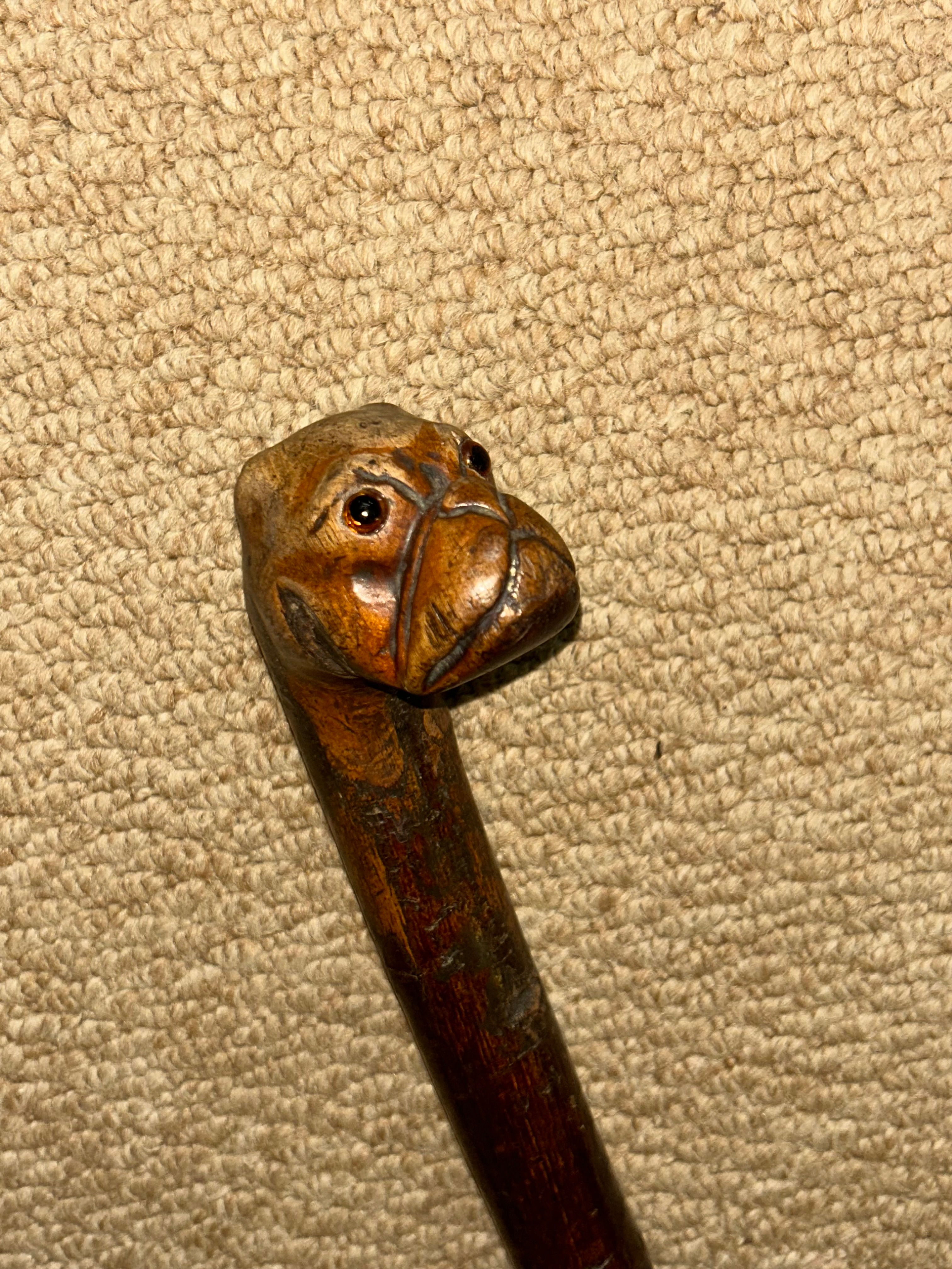 Antique Rustic Walking Stick Cane - Hand-Carved Bulldog Dog Head Top Glass Eyes