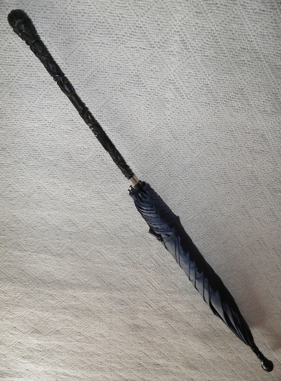 Thumbnail: Victorian Ladies Navy Umbrella Carved Ebony Grip Ferrule Silver Hallmarked 1895
