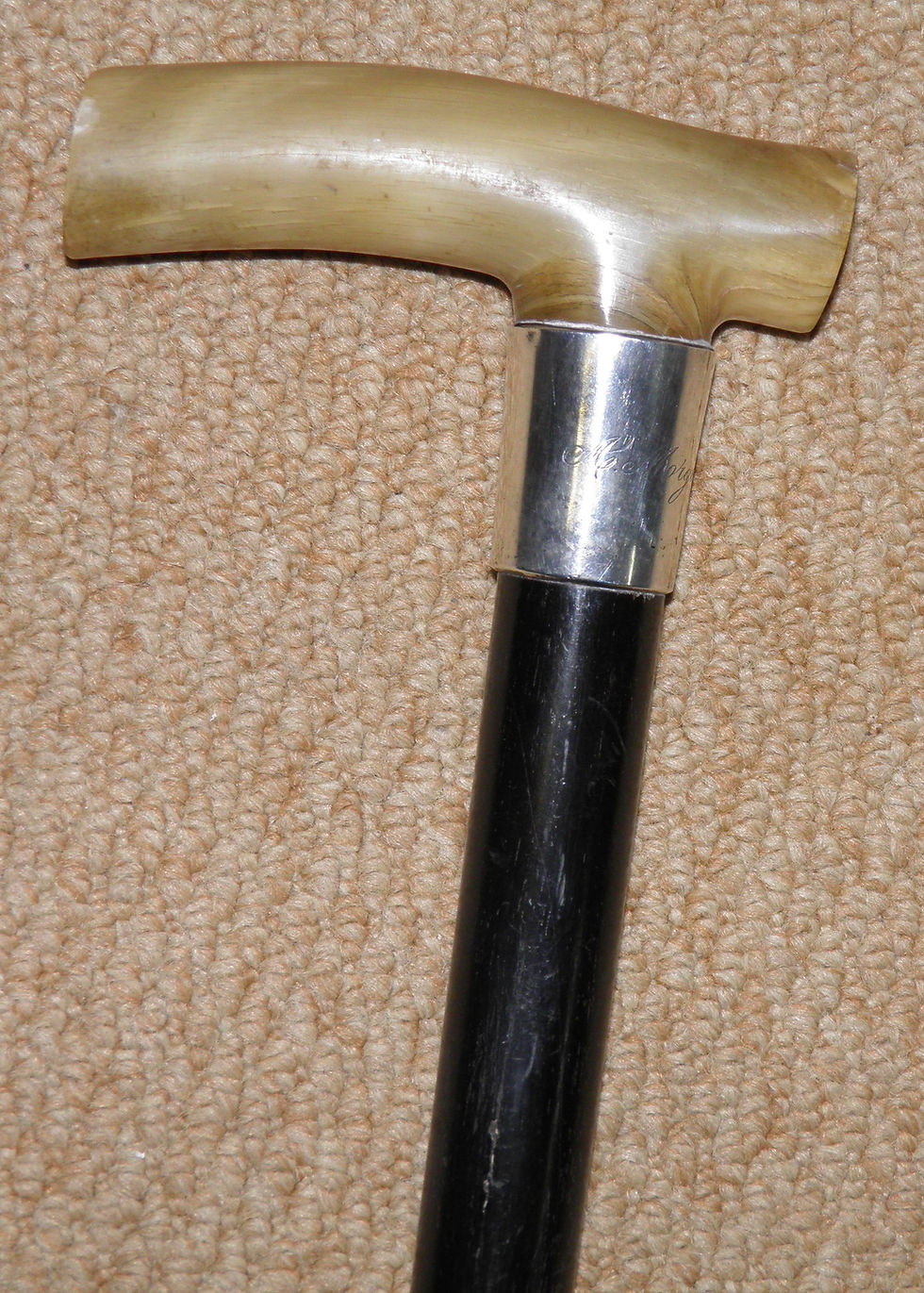 Thumbnail: Antique Walking Stick Cane - Bovine Horn Handle Hallmarked 1911 Silver Collar