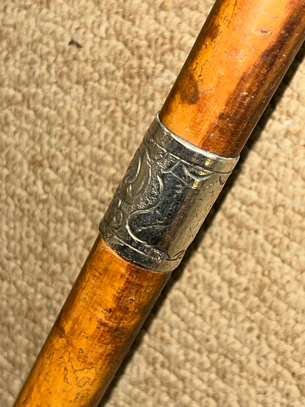 Thumbnail: Antique Malacca Walking Stick Cane - Crook Handle & Repousse Silver Furnishings