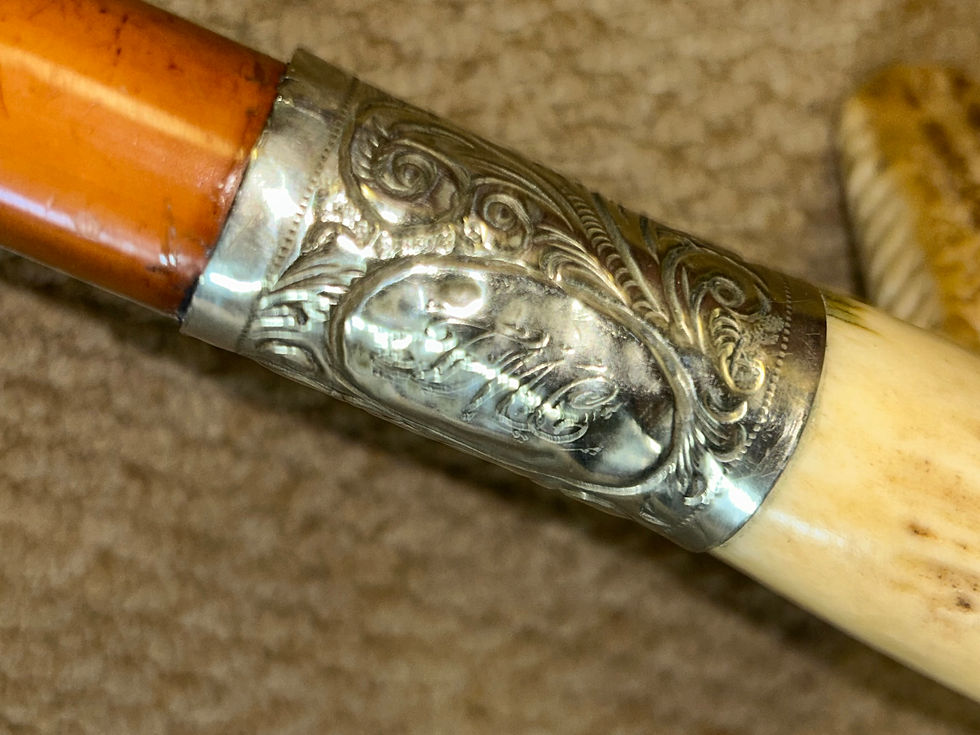 Thumbnail: Antique Malacca Walking Stick Cane Antler Fritz Handle & Repousse Nickel Collar