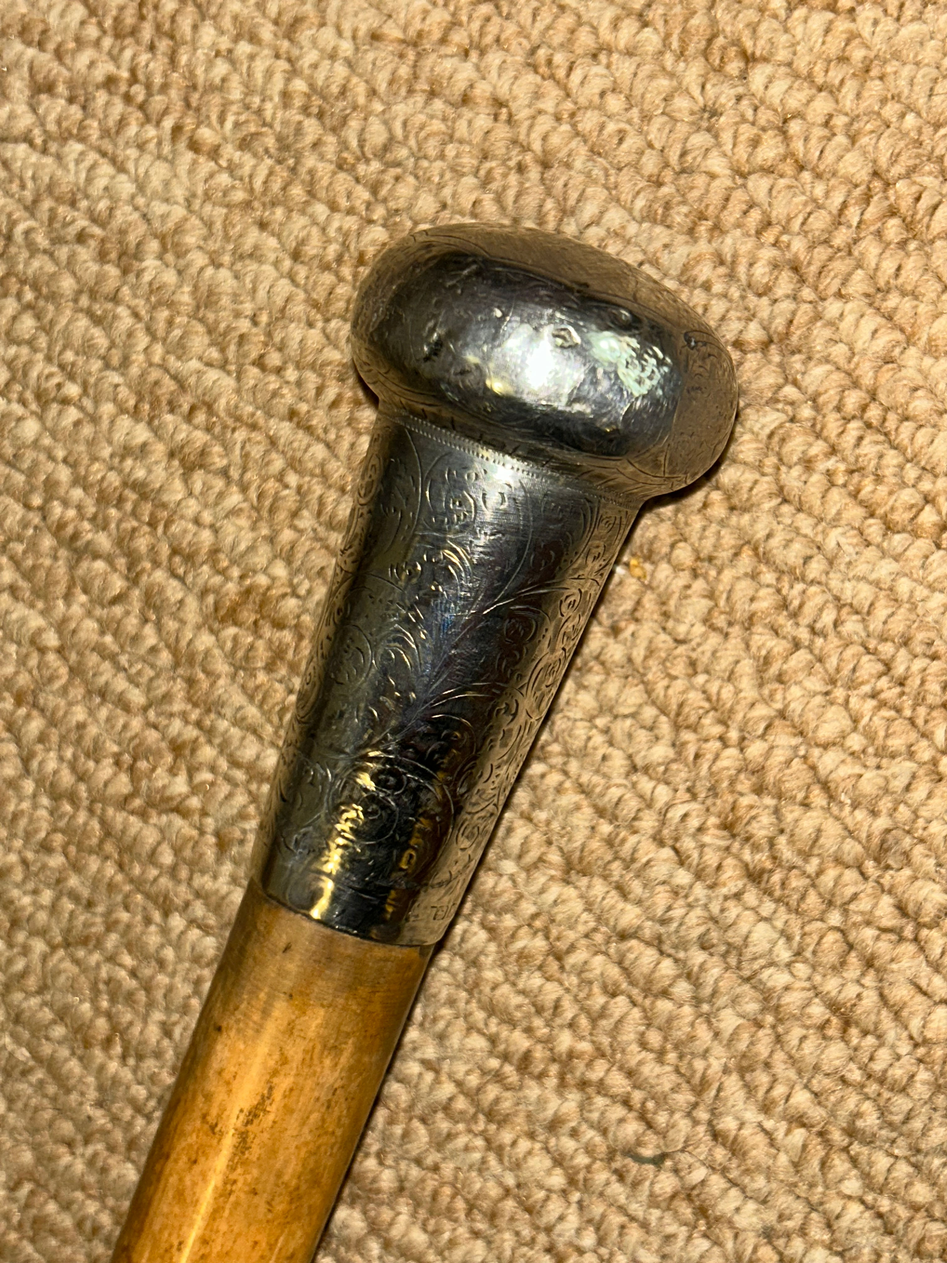 Antique Malacca Walking Stick - Hallmarked 1917 Repousse Silver - Feldman Bros