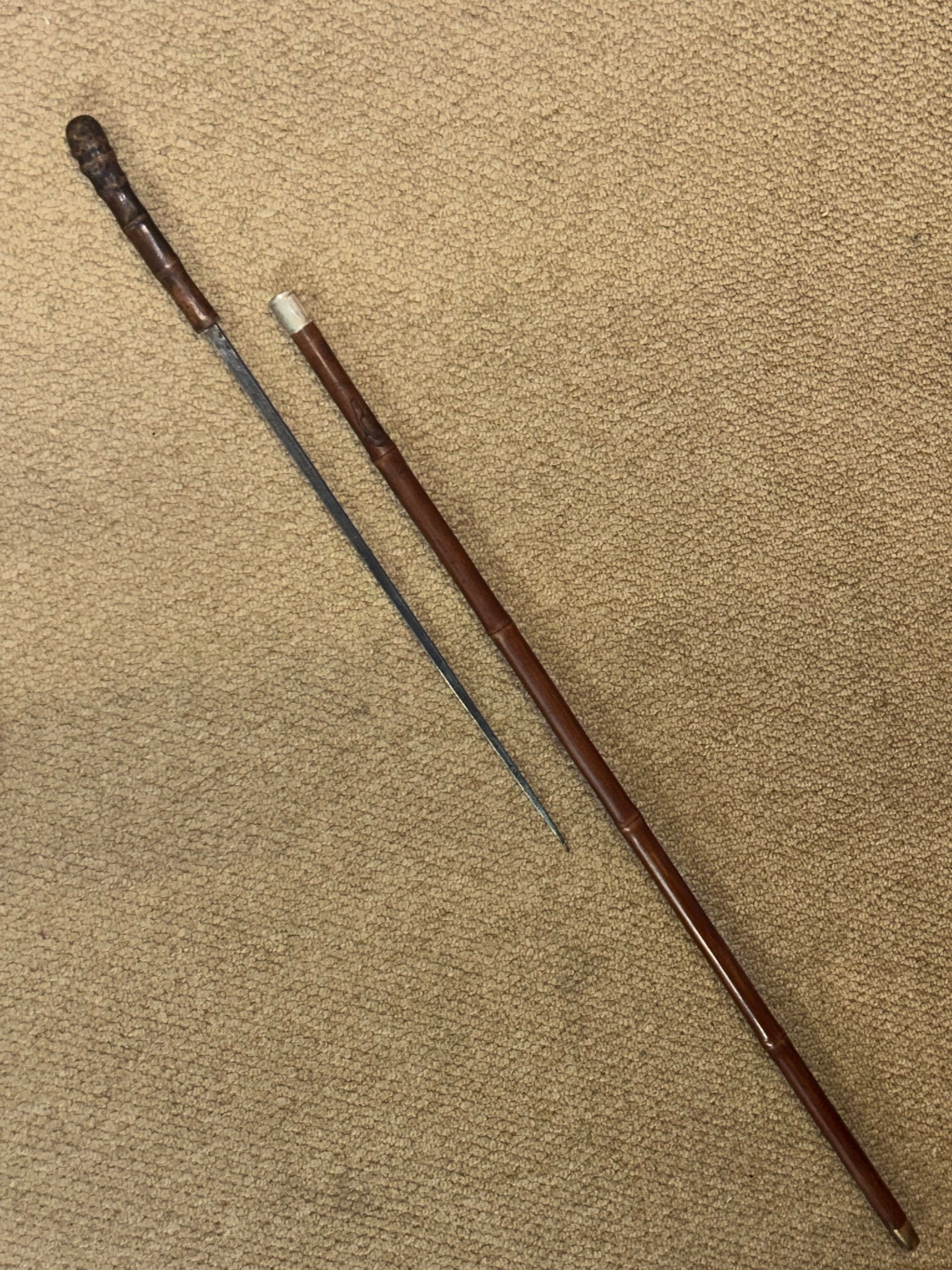 Antique Chinese Gadget Walking Stick Root Ball & Carved Monkey & Pull Out Sword