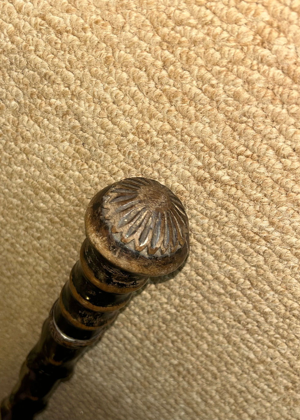 Thumbnail: Antique Olive Wood Greek Kepkypa Corfu Walking Stick - Hand-Carved Flower Top