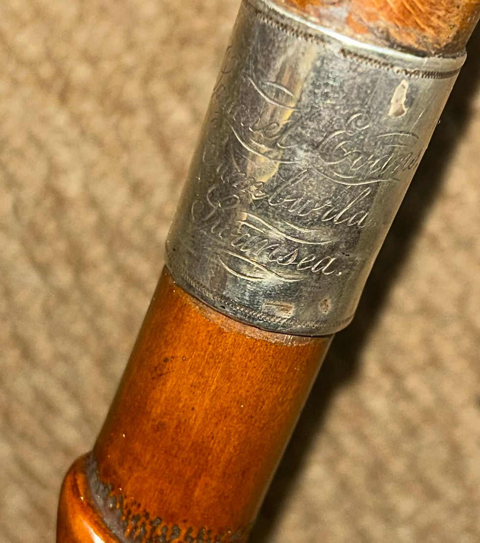 Thumbnail: Victorian Swansea Walking Stick Cane - Hallmarked 1890 Silver & Carved Oak Tree