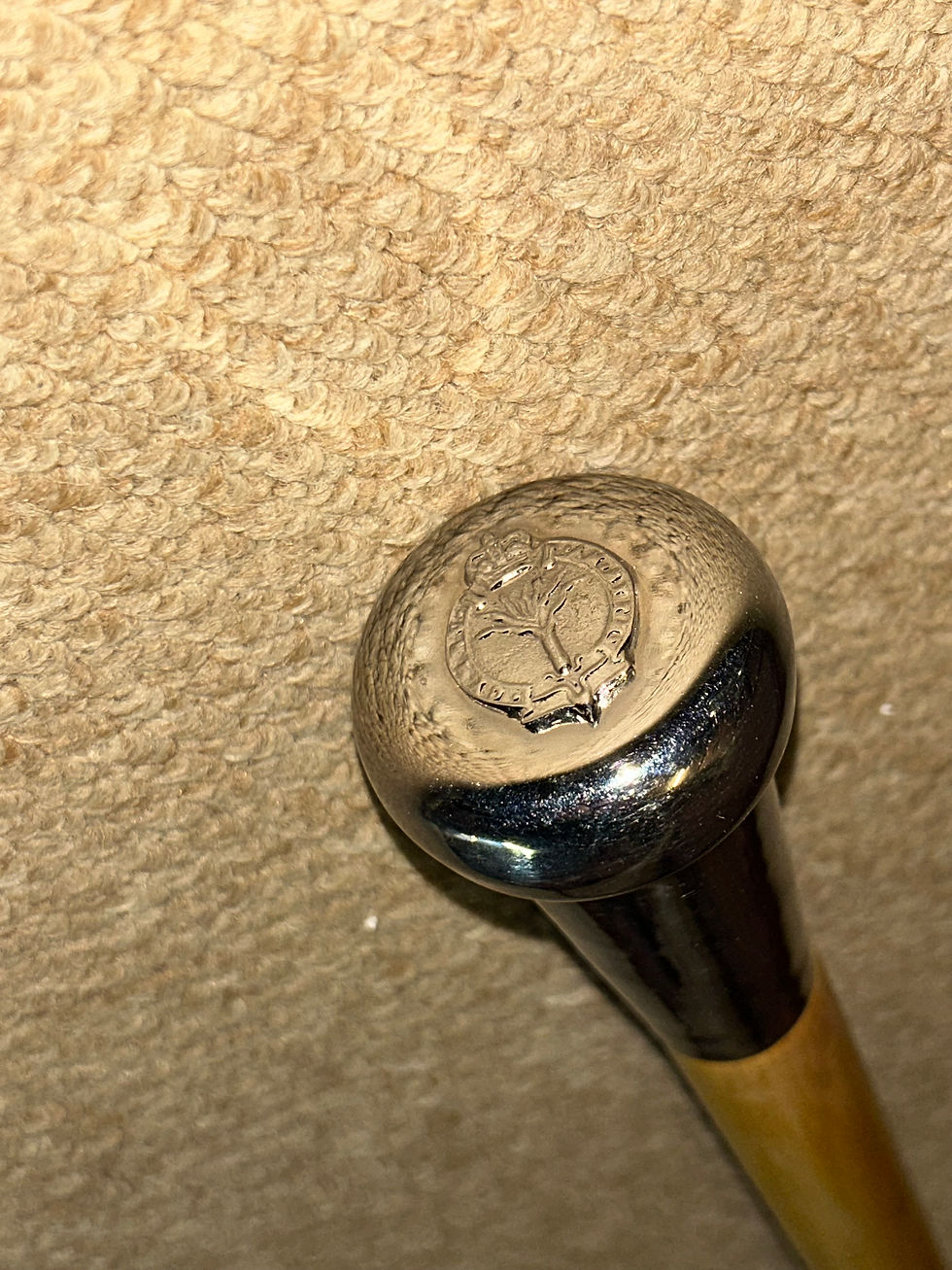 Thumbnail: Vintage Military Oak Drill Cane Walking Stick - Welsh Guards Chrome Pommel Top