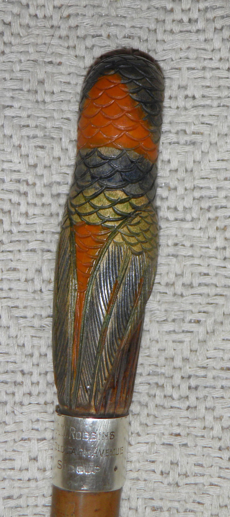 Thumbnail: Antique Walking Stick Cane Hand Carved & Painted Parrot Glass Eyes Silver Collar
