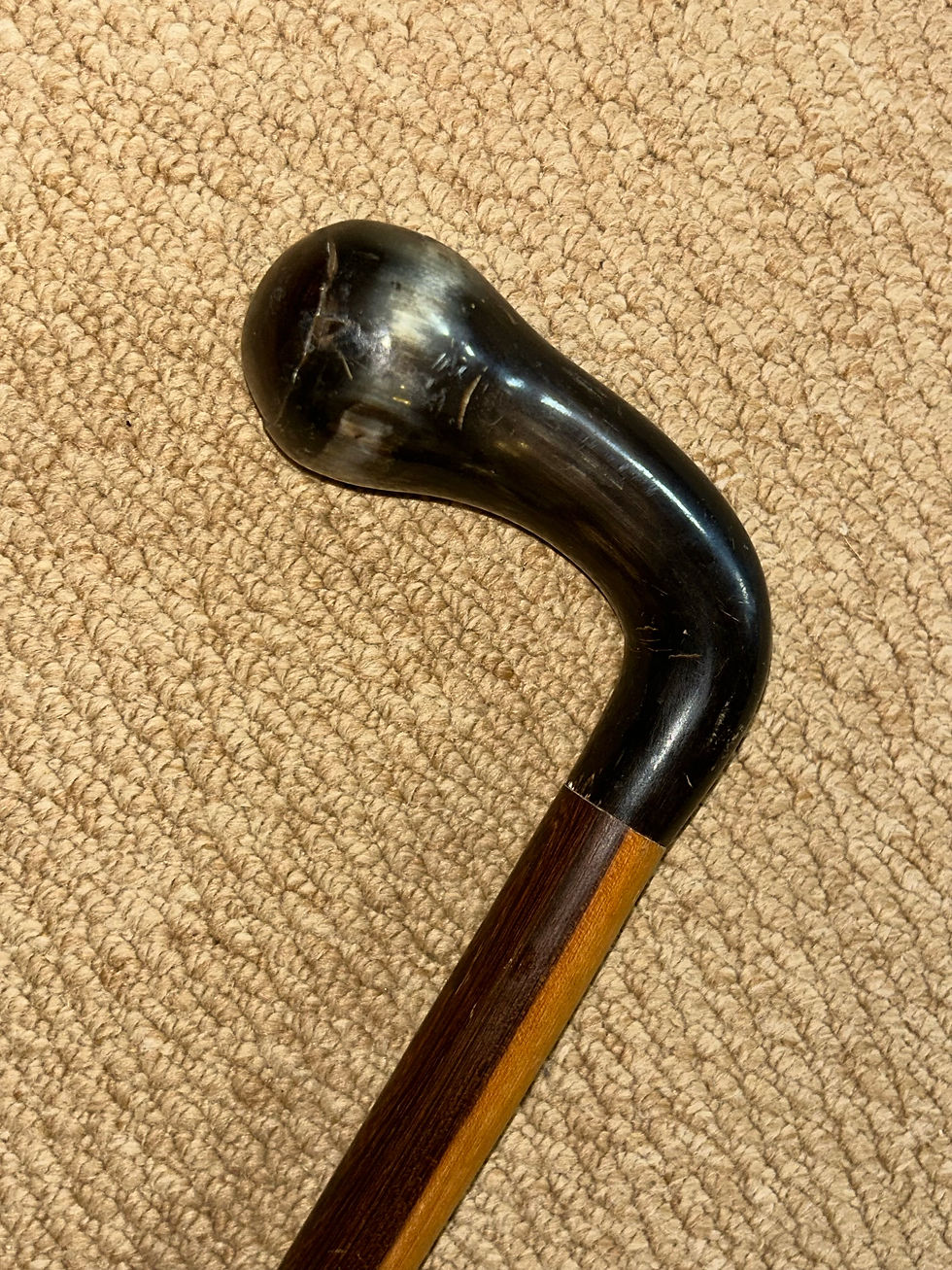 Thumbnail: Antique Ebony Walking Stick - Bovine Horn Fritz Handle & Inset Wood End