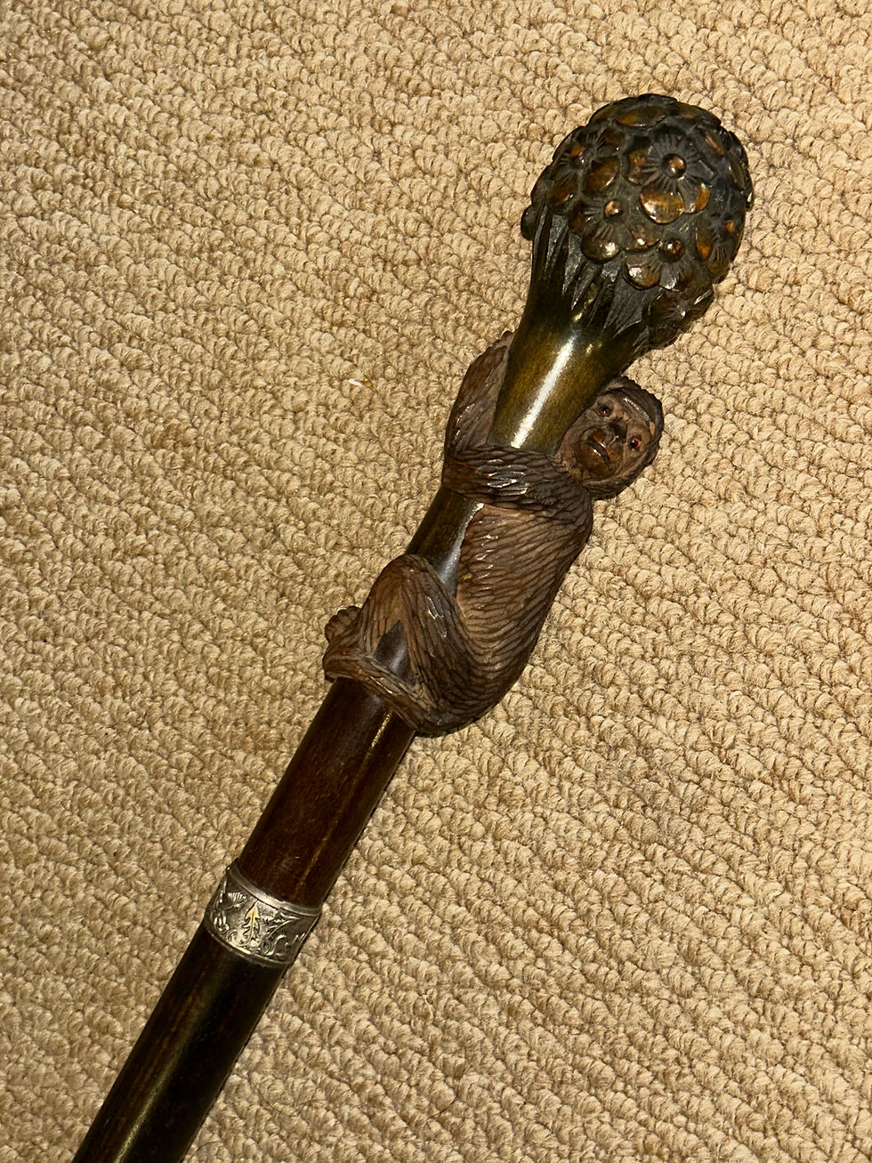 Thumbnail: Antique Walking Stick Cane - Hand-Carved Monkey Climbing Tree Handle & Collar