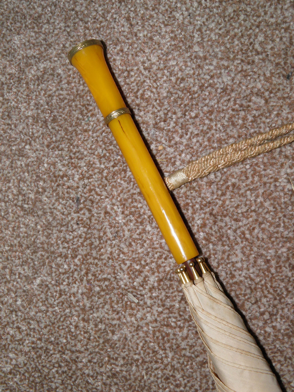 Thumbnail: Vintage GP 'F.D Watling' Cream Canopy Umbrella With Butterscotch Amber Handle