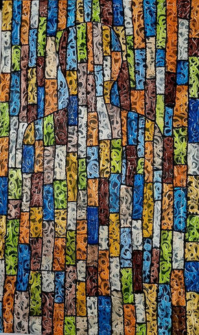 Mixed media on reclaimed fabric by Diafrel using impasto and paint scraping to reveal expressive textures and abstract forms. Part of Almost Seen, the artwork reflects themes of visibility, renewal and material memory.