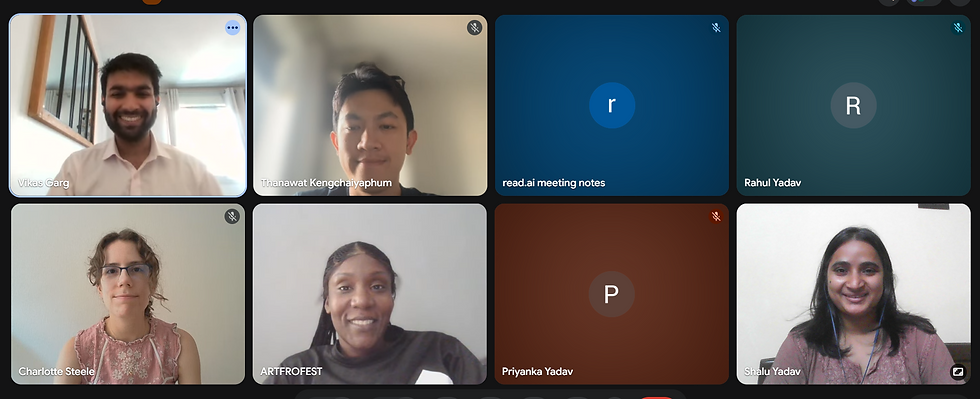 A group of remote colleagues discussing an artwork together during a virtual or workplace art session, highlighting connection, conversation and wellbeing.