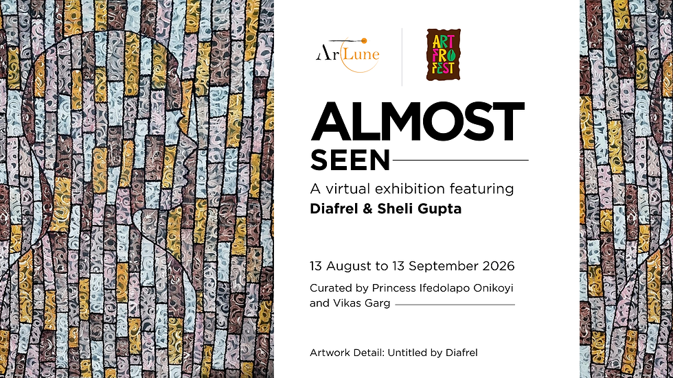 Almost Seen virtual contemporary art exhibition featuring artworks by Indian artist Sheli Gupta and Ivorian-born artist Diafrel, exploring visibility, concealment, desire and reclaimed materials.