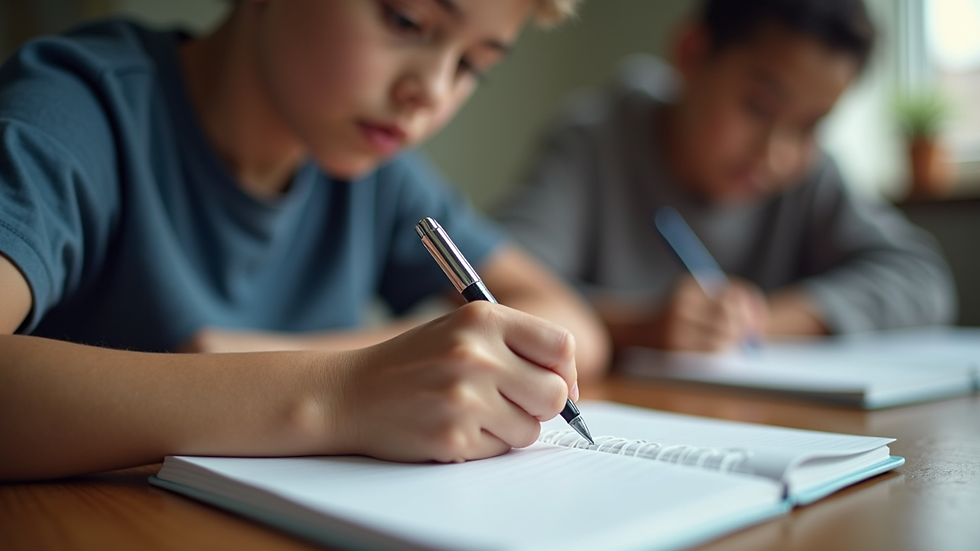 Close-up view of a youth writing in a journal during a coaching session