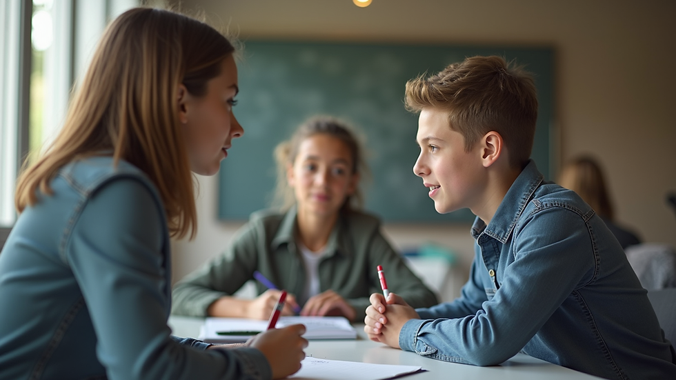 Eye-level view of a youth coach guiding a teenager in a learning session