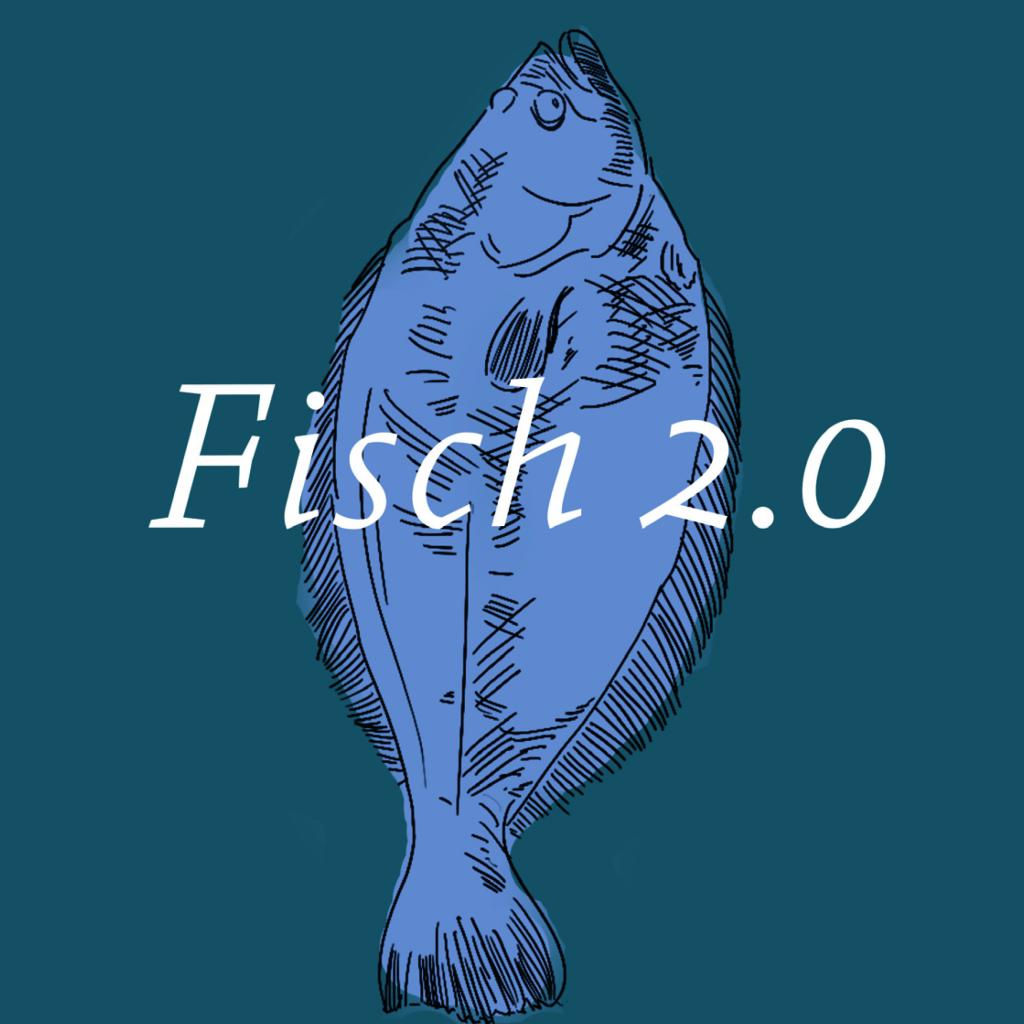 Blau gezeichneter Plattfisch mit Text "Fisch 2.0" auf dunklem Hintergrund.