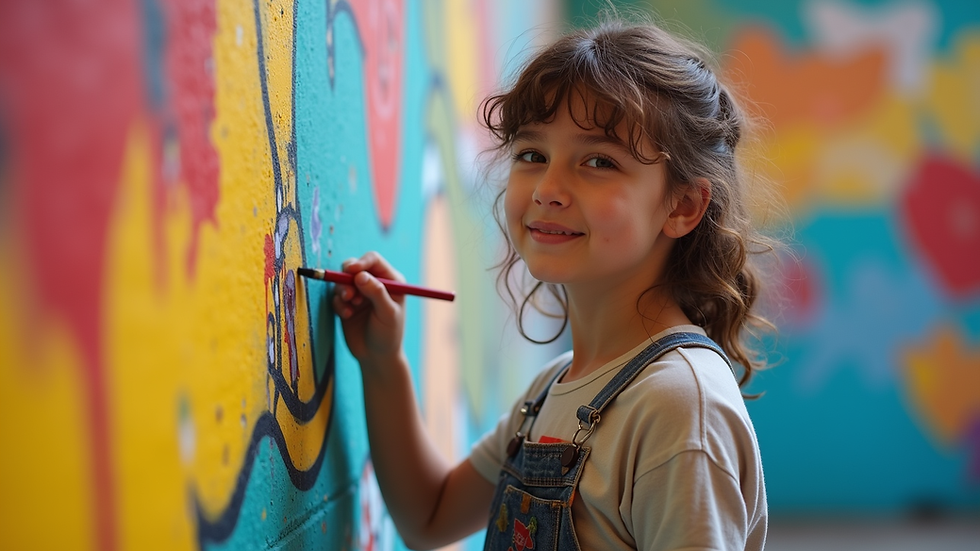 Eye-level view of a young artist creating a mural with vibrant colors