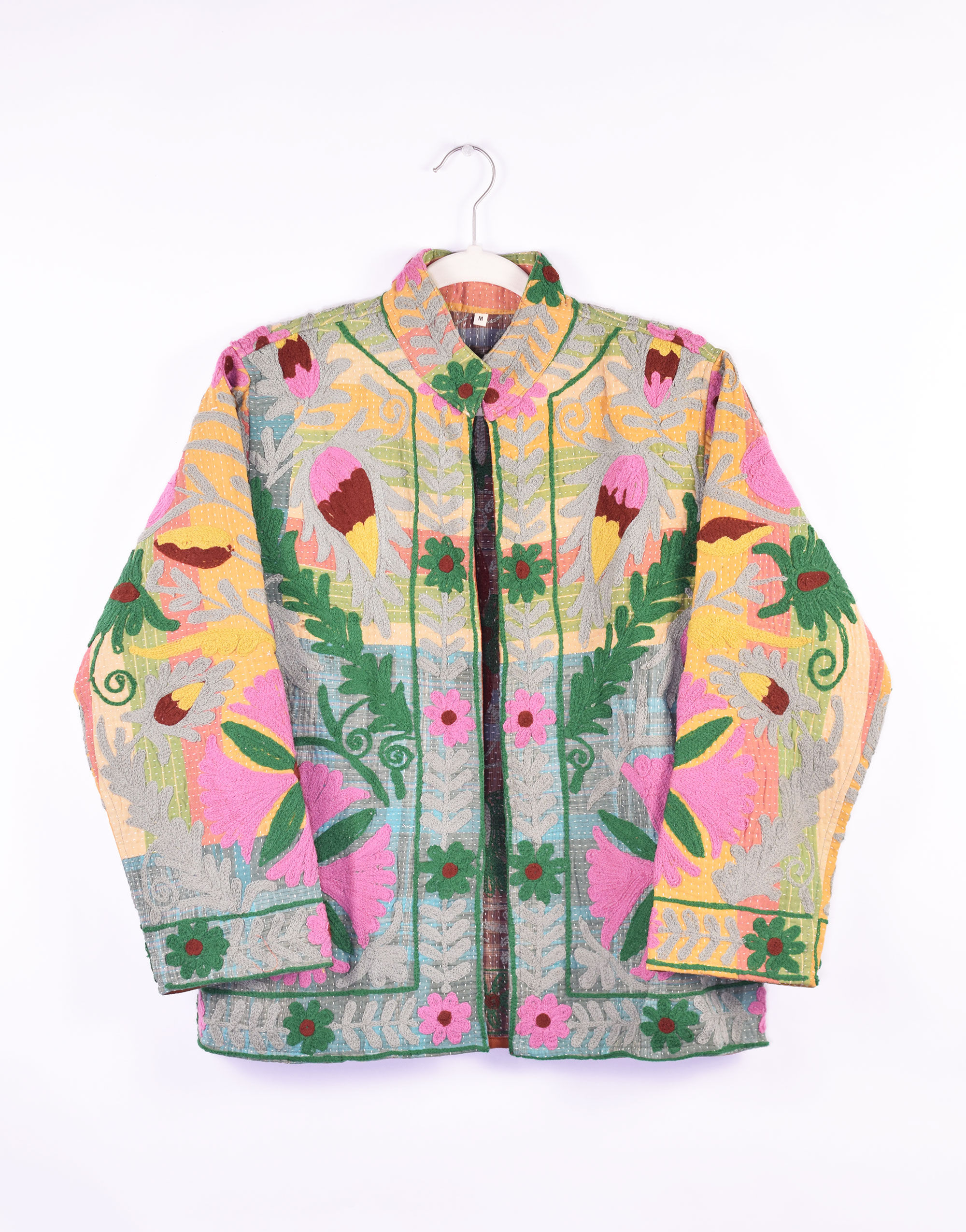 Colorful kantha jacket with bold colored Suzani Embroidery - FRONT SIDE
