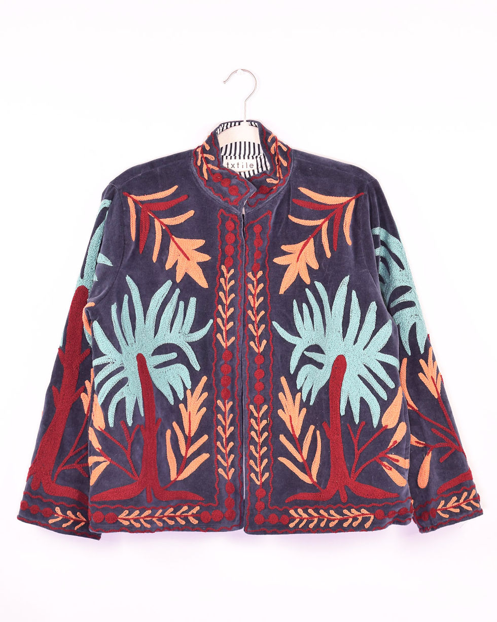 dark velvet jacket with colorful palm trees embroidered on it - front view