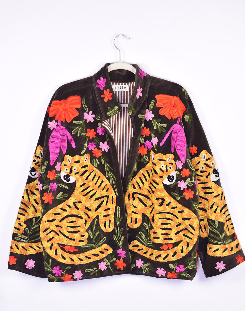 chocolate brown velvet jacket with large tigers embroidered on it - front view
