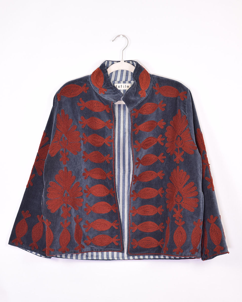 charcoal grey velvet jacket with dark orange embroidery - front view
