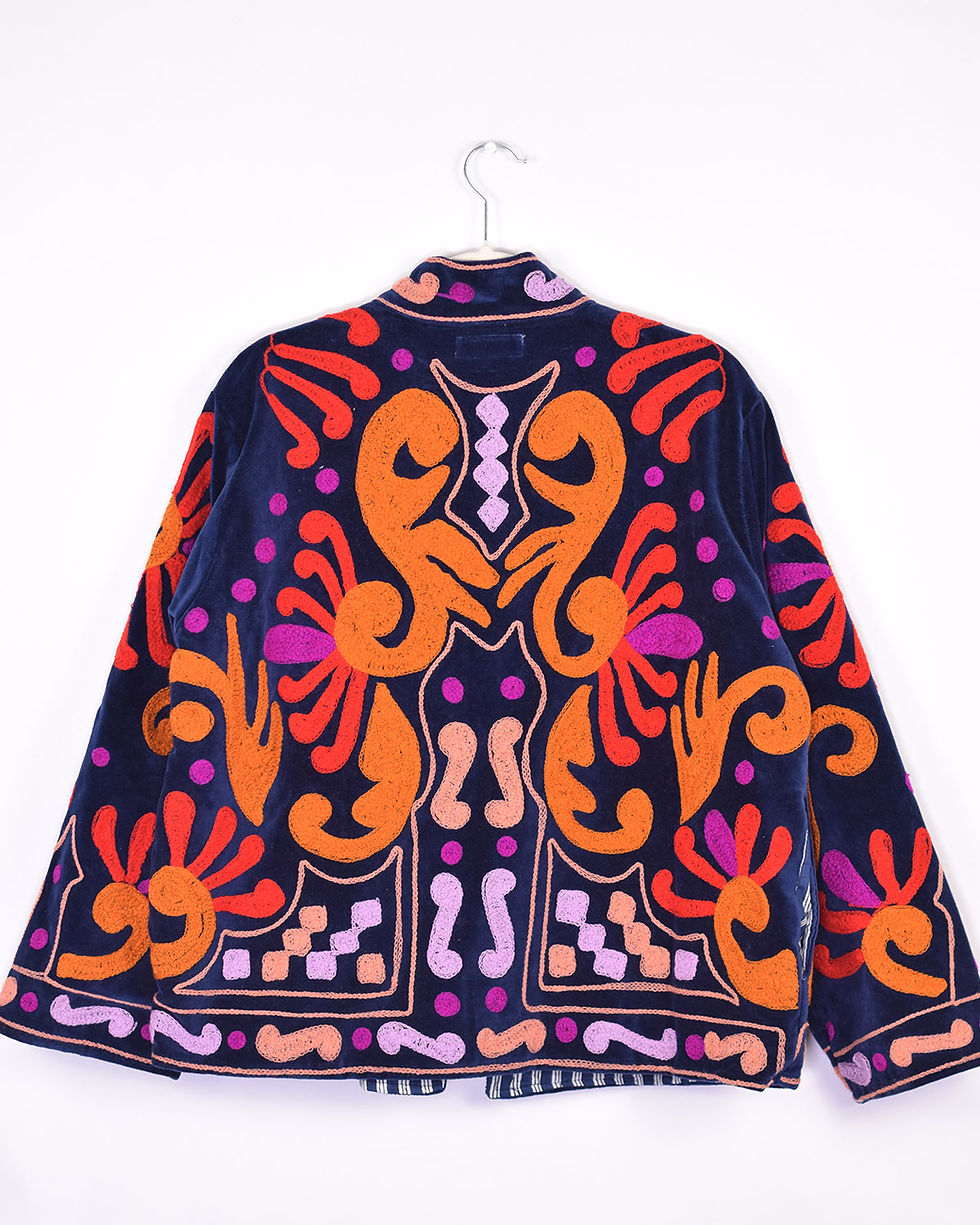 navy velvet jacket with bright colorful embroidery - back view
