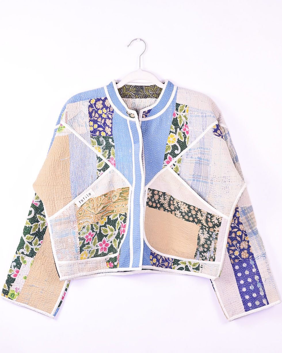 Colorful patchwork jacket with white trim details