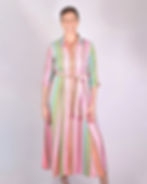 Thumbnail: person wearing shirt dress made of a green and bright pink woven fabric - front view