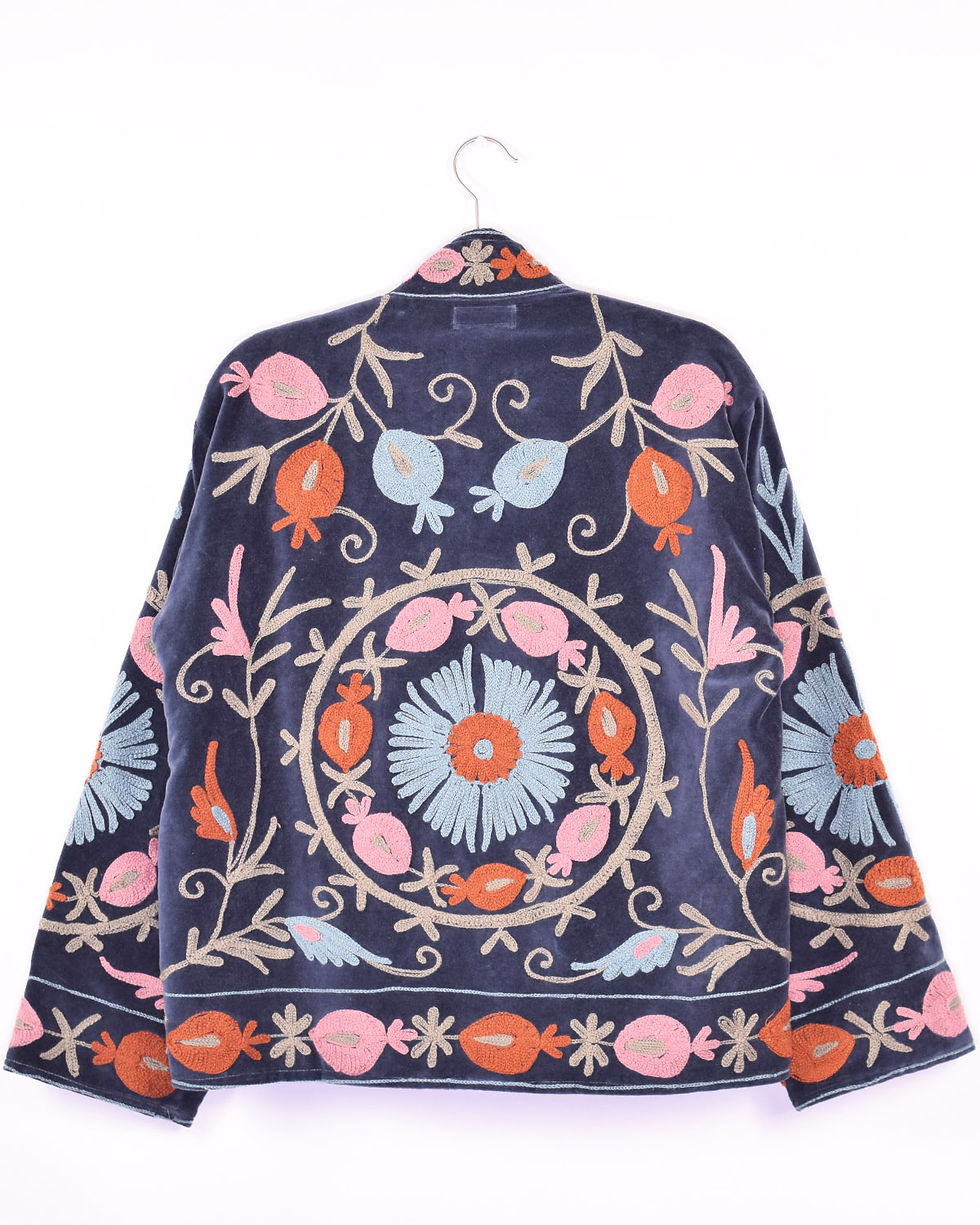 blue velvet jacket with colorful suzani embroidery all over it - back view