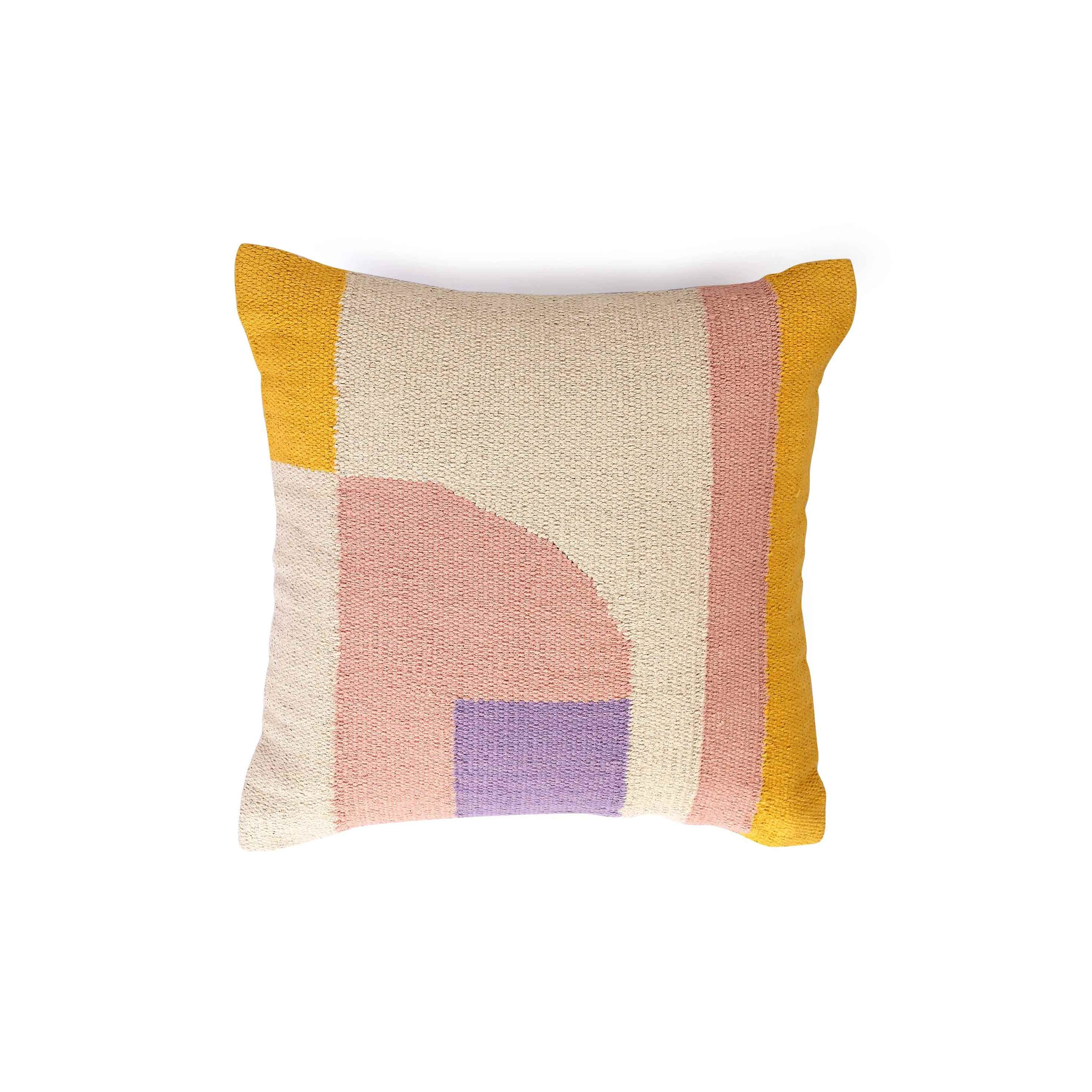 Pink, yellow, cream, and purple woven pillow