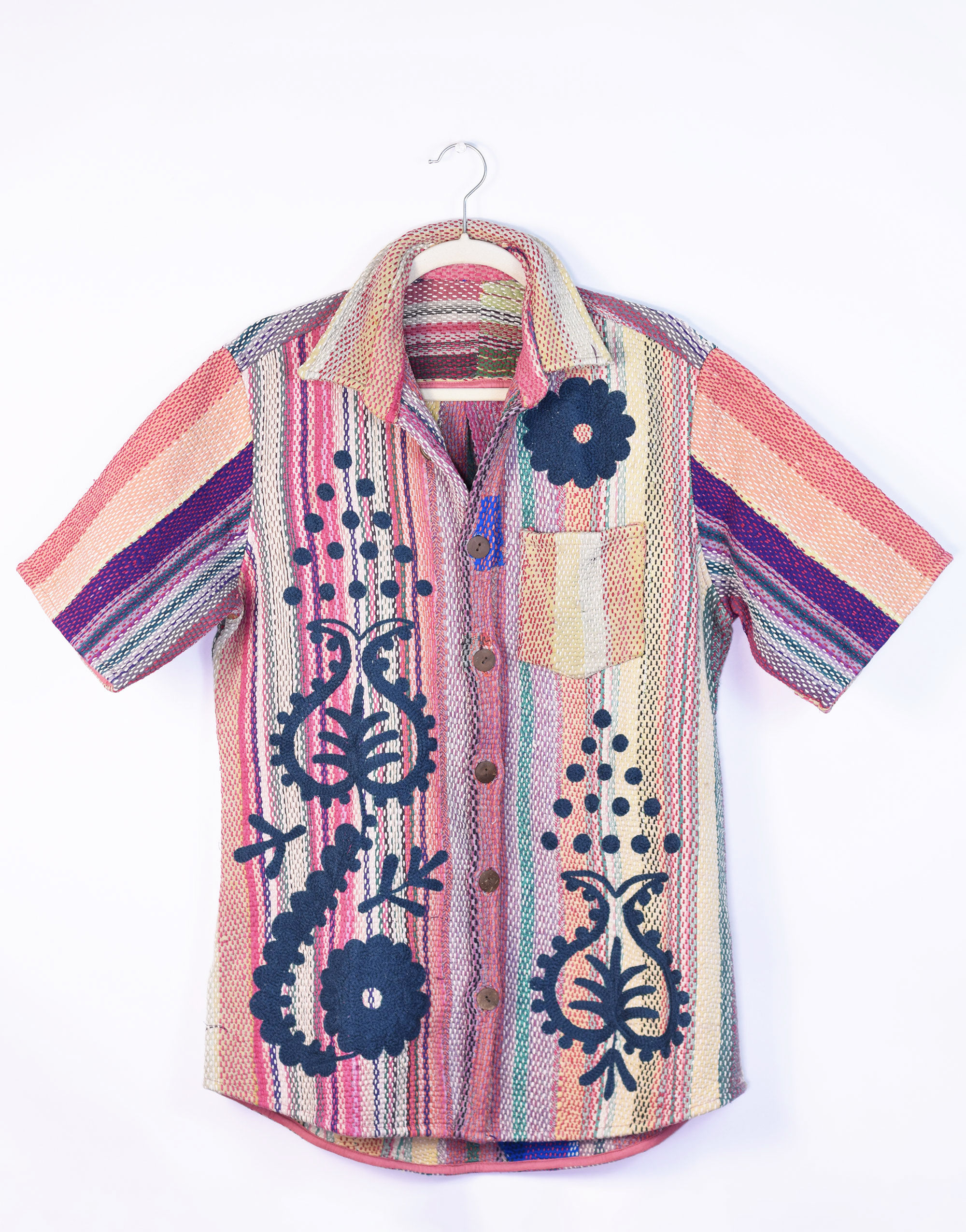 Front side - striped quilted men's shacket with embroidery detail