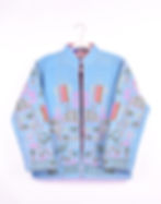 Blue quilted jacket with the tree of life illustration embroidered - FRONT PICTURE