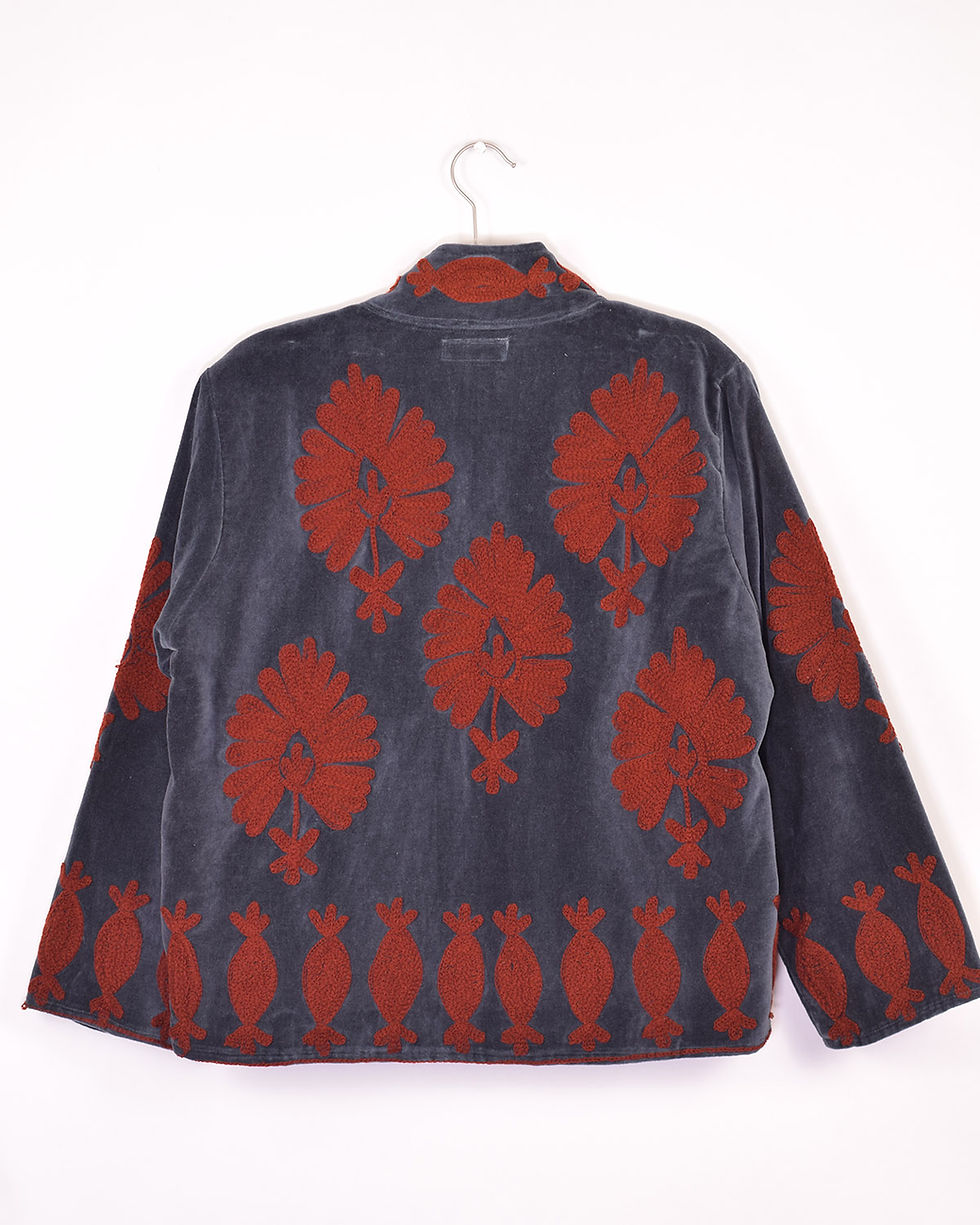 charcoal grey velvet jacket with dark orange embroidery - back view