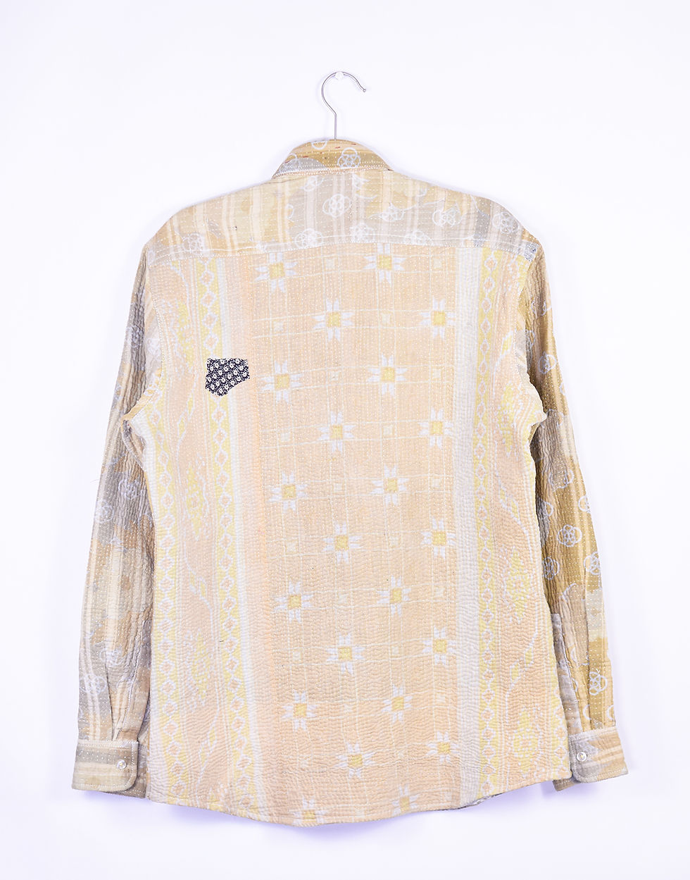 back of Mens quilted button up neutral colored shirt