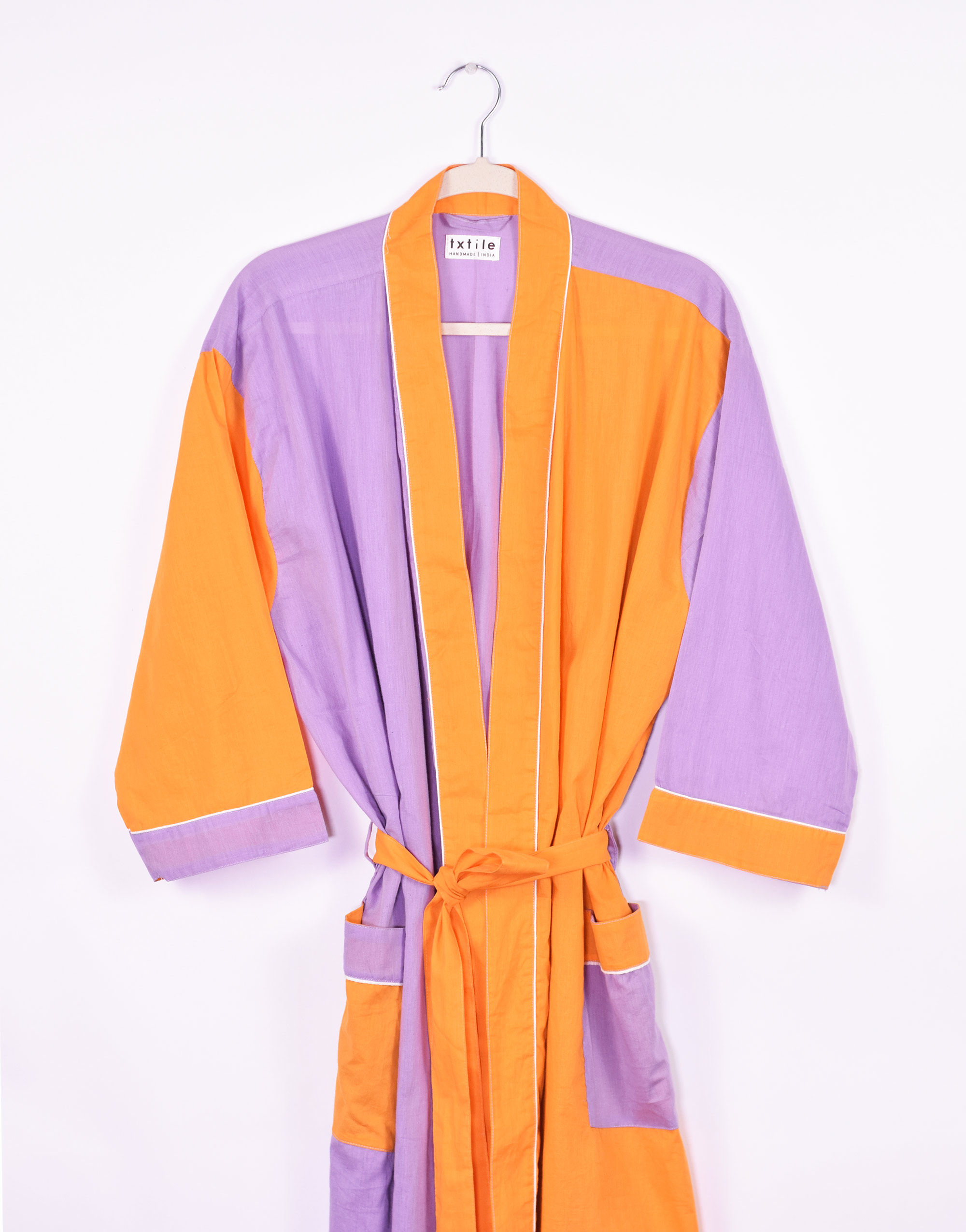 purple and orange color block robe