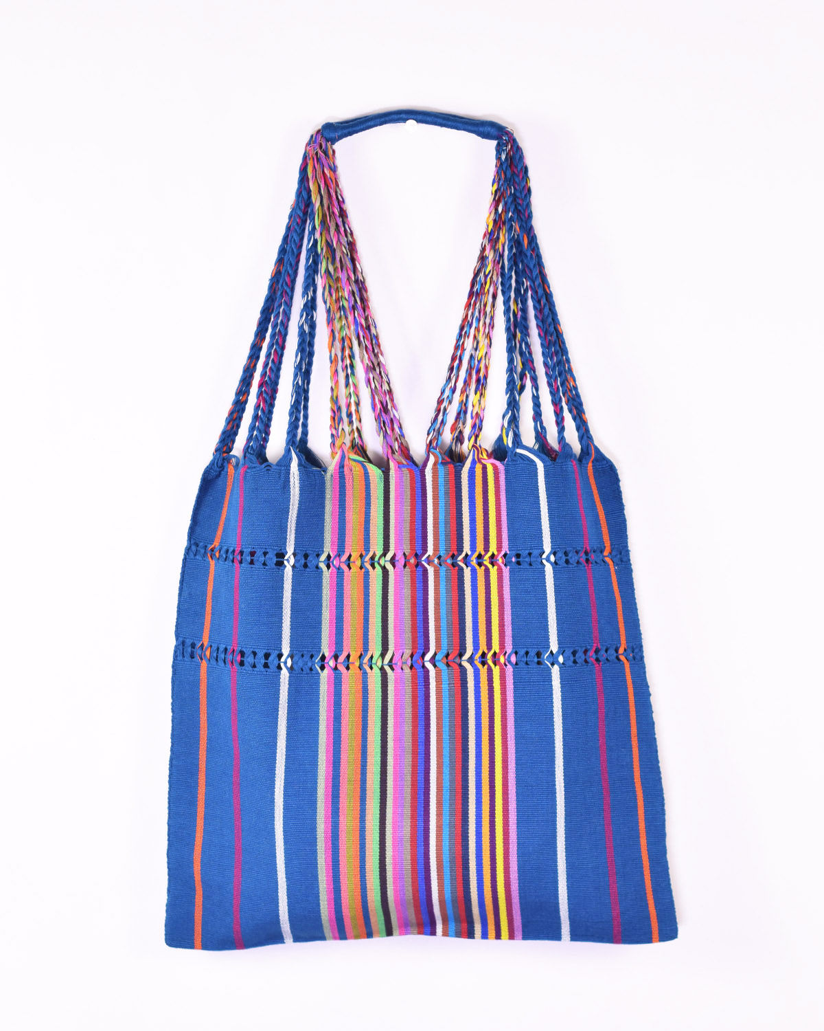 blue striped hammock bag hanging from a wall
