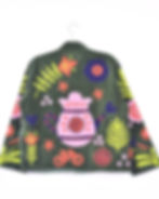 back view of dark green velvet jacket with flowers, tea pot and bicycle embroidered on it